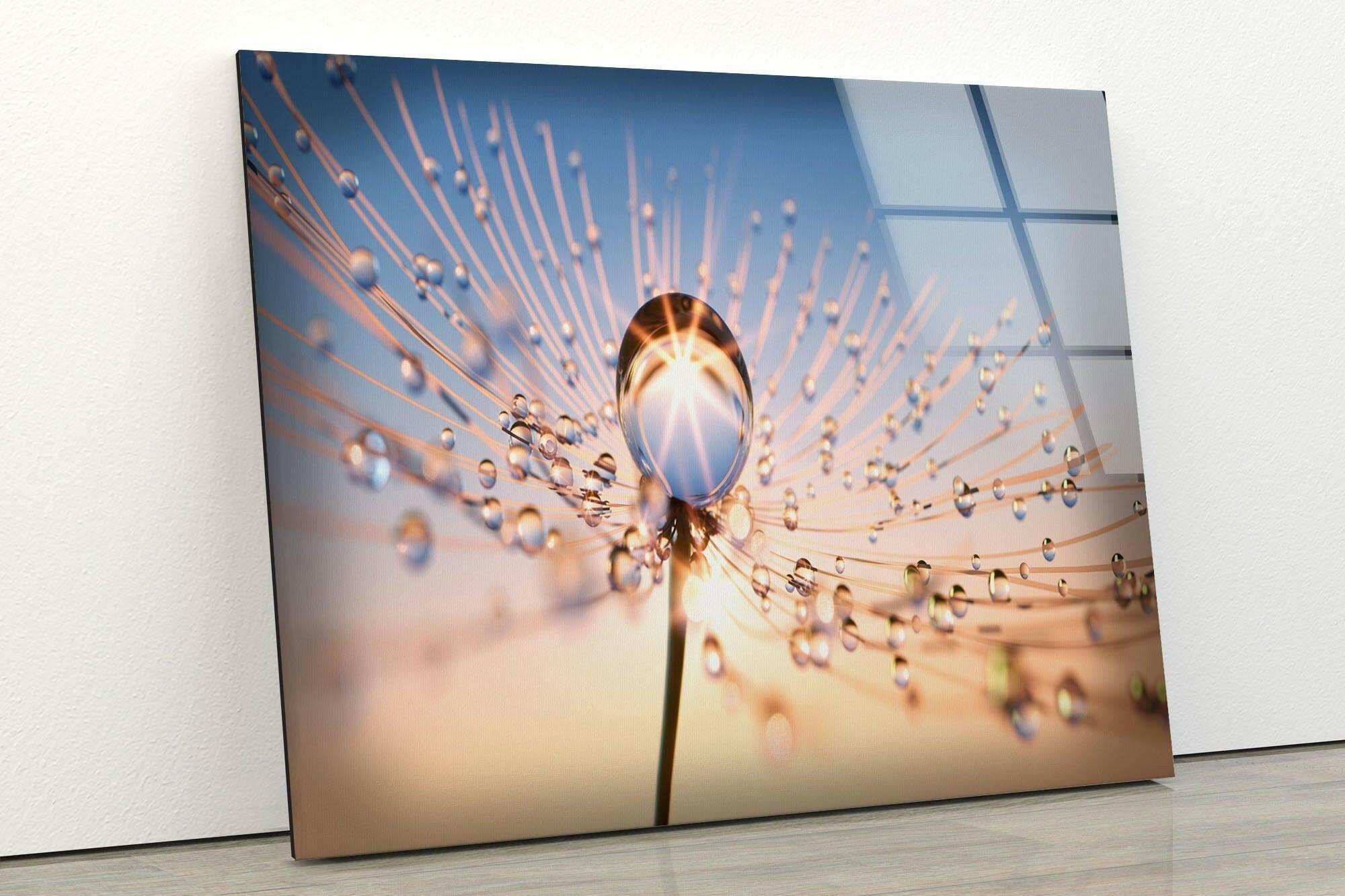Dandelion Glass Wall Art with Sun Drops - Handmade Nature-Inspired Decor for Living Room, Bedroom, or Office