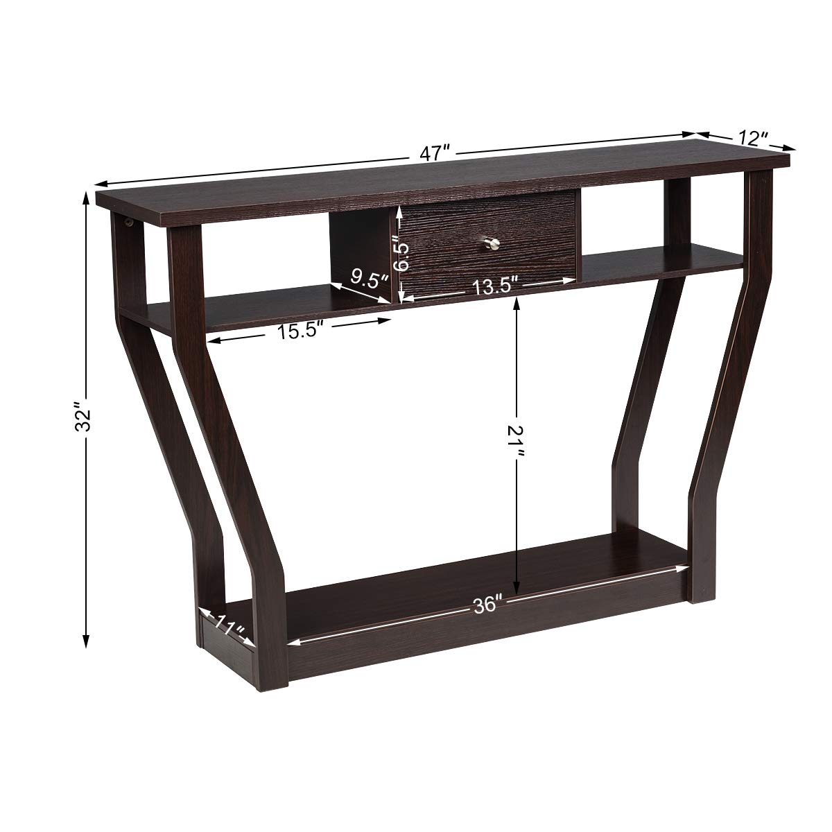 3-Tier Wooden Console Table with Drawer - 47