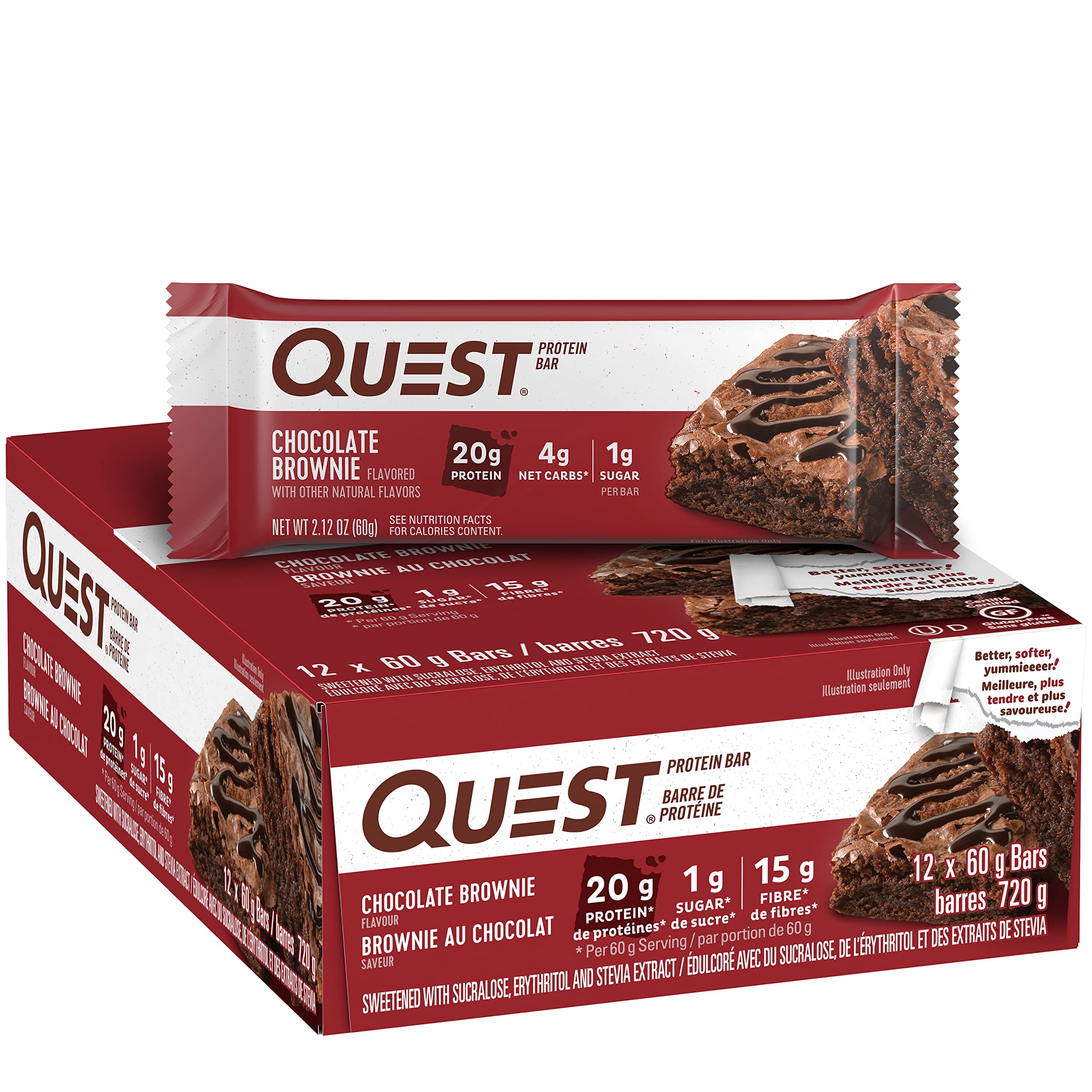 Quest Nutrition Chocolate Brownie Protein Bar - 20g Protein, 1g Sugar, High Fiber, Keto Friendly, Gluten Free - 12 Pack - Perfect for Post-Workout Recovery, Healthy Snacking & Low Carb Diet