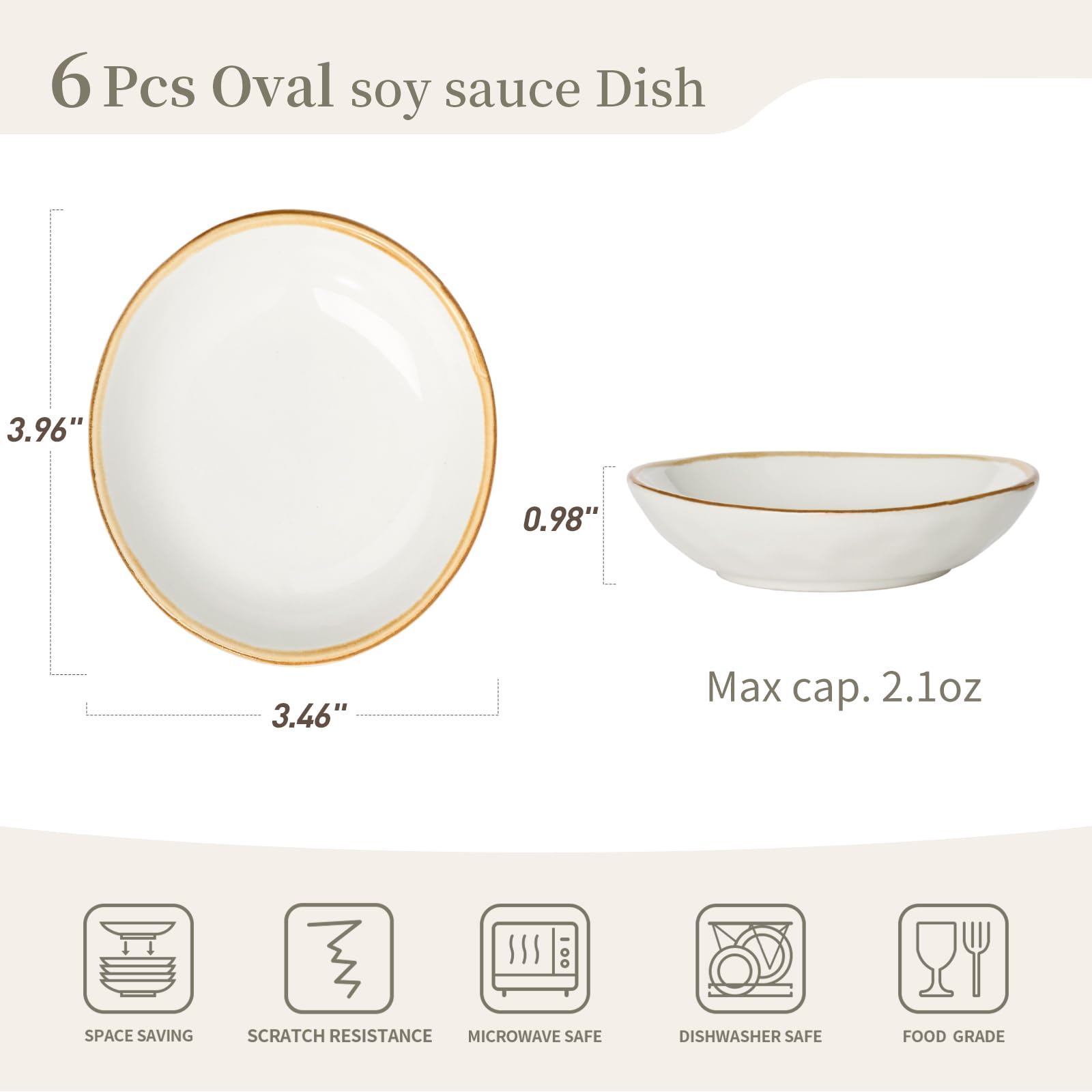 Famiware 6-Piece Oval Ceramic Soy Sauce Dishes - 2.1oz Small Dipping Bowls for Sushi, Appetizers, Snacks | Reactive Glaze Cappuccino White | Perfect for Japanese Restaurants, Home Kitchens & Party Serving
