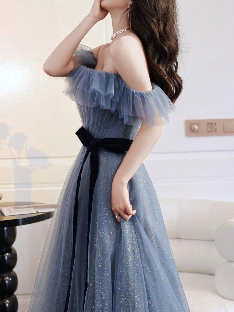 Elegant A-Line Gray Blue Off-The-Shoulder Long Prom Dress with Sparkles - Formal Evening Gown TP1068 for Homecoming, Wedding Guest & Special Occasions