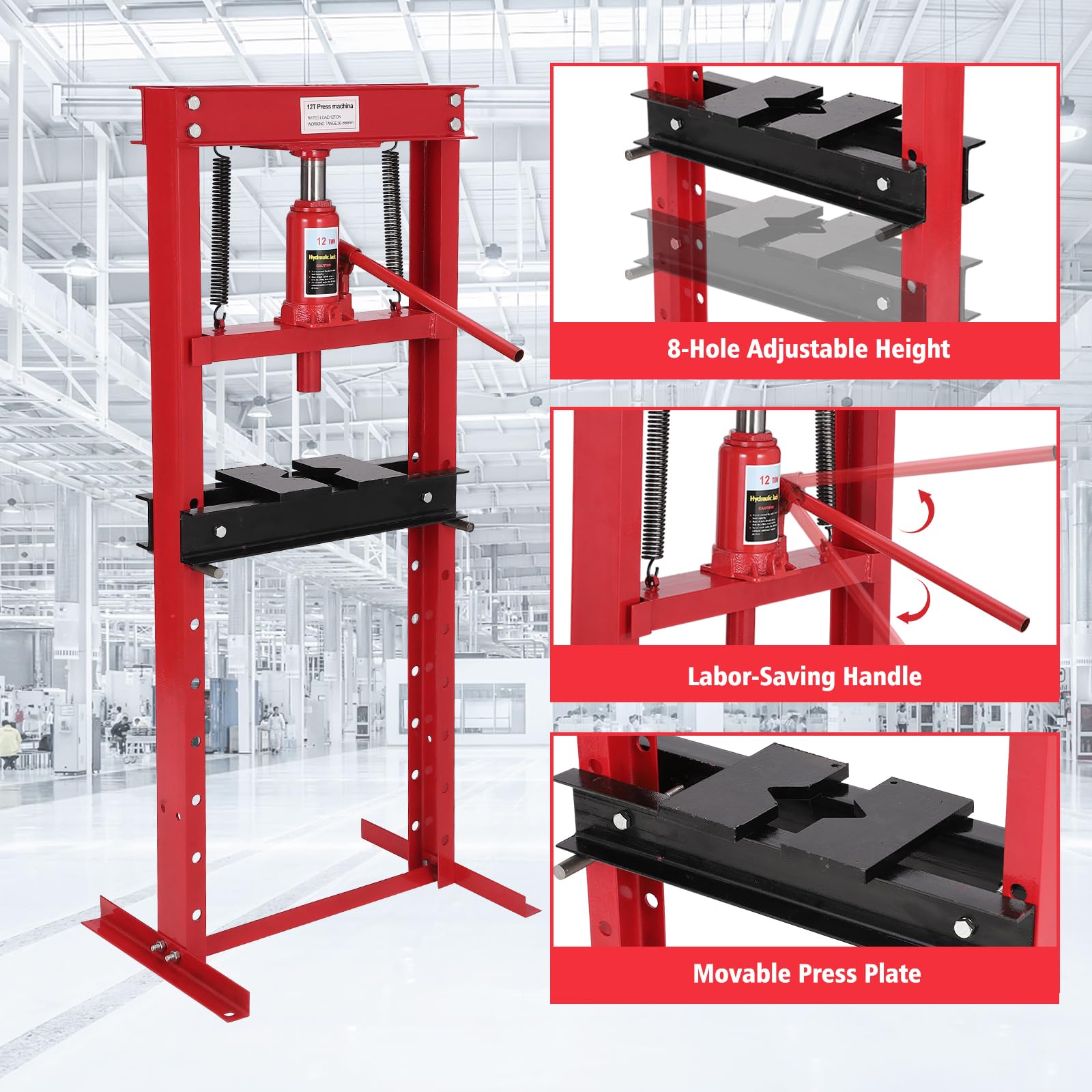 12 Ton Hydraulic Press with Press Plates - Benchtop H-Frame Garage Floor Press with Adjustable Height - Heavy Duty Metalworking, Bearing Removal & Auto Repair Tool for Workshop & DIY Projects
