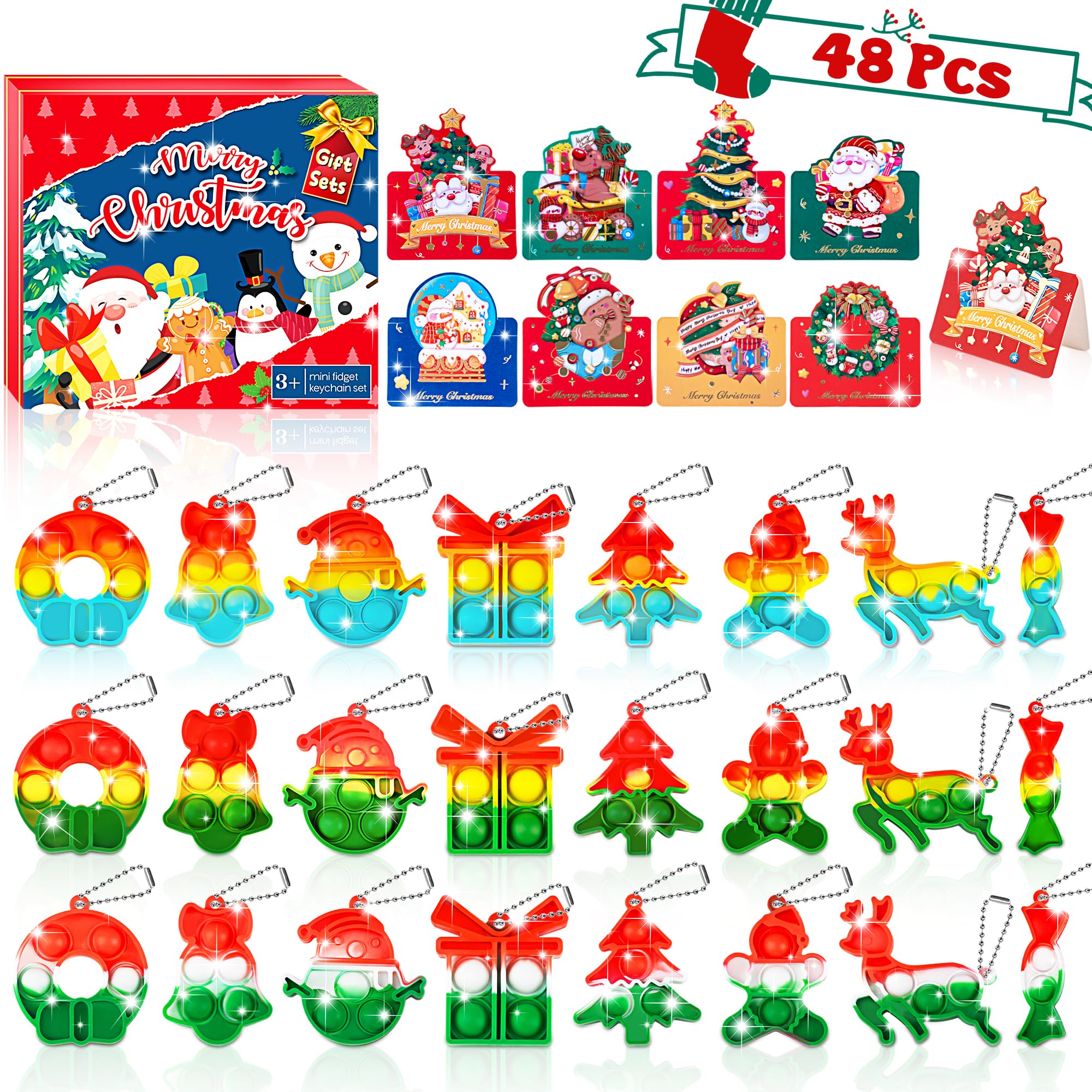 48 Pcs Christmas Party Favors Bulk Pack with Gift Cards - Stocking Stuffers for Kids, Classroom Students, Toddler Girls & Boys - Mini Bubble Sensory Keychain Fidget Toys for Holiday Gifts & Goodie Bags | Perfect for Christmas Celebrations, School Parties & Stocking Fillers