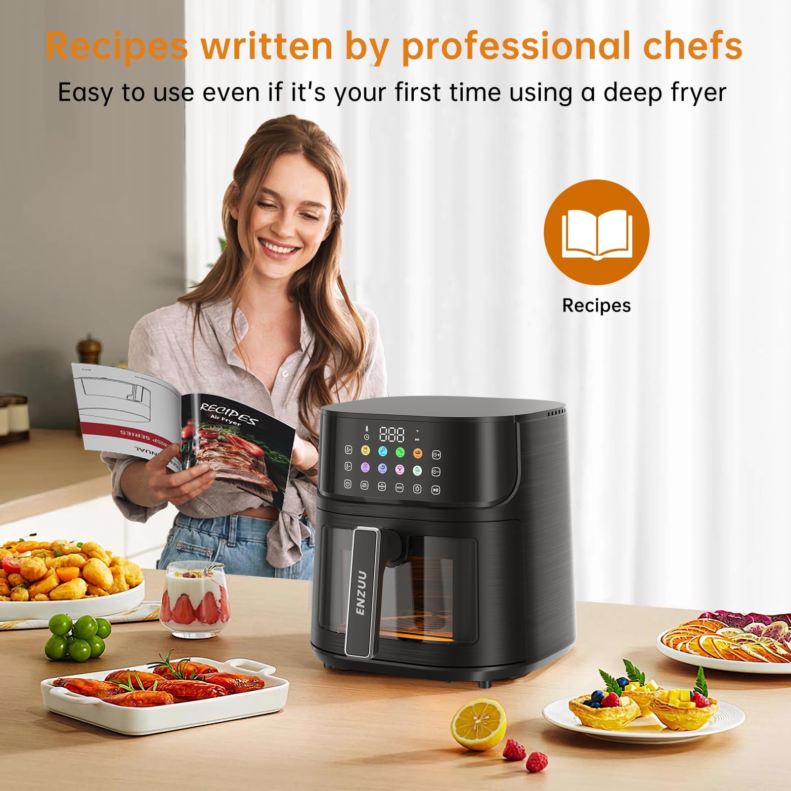 11-in-1 Large 5.8 QT Air Fryer with View Window - 450℉ Max Temperature for Crispy Food, 85% Less Oil - Fast Roast, Bake, Preheat & Shake Function - Non-Stick Basket for Easy Cleaning - Includes Recipe Book - Perfect for Family Dinners, Healthy Snacks & Quick Frozen Meals