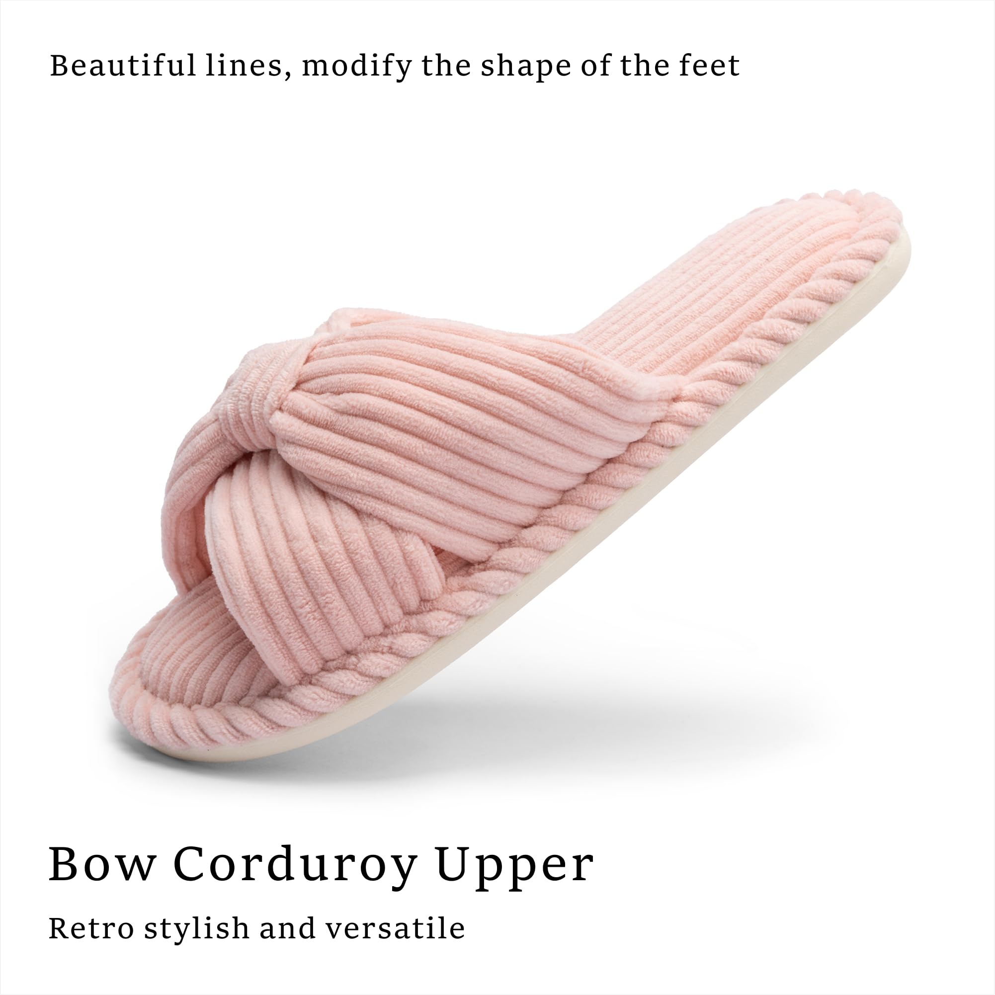 Chantomoo Women's Memory Foam Slippers - Cozy Open Toe Corduroy Slides with Bow for Home, Bedroom, Bathroom & Spa | Comfortable House Shoes for Relaxation & Lounging