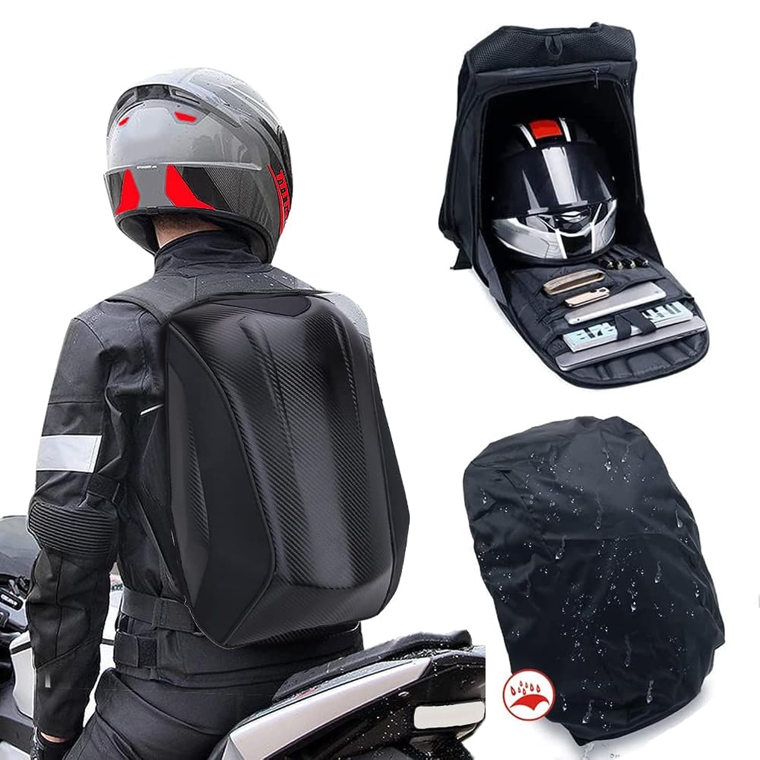 JFG RACING Motorcycle Backpack - Hard Shell Carbon Fiber Design, Waterproof Saddlebags for Men - Durable Riding Storage & Motorcycle Accessories - Perfect for Commuting, Road Trips & Adventure Travel
