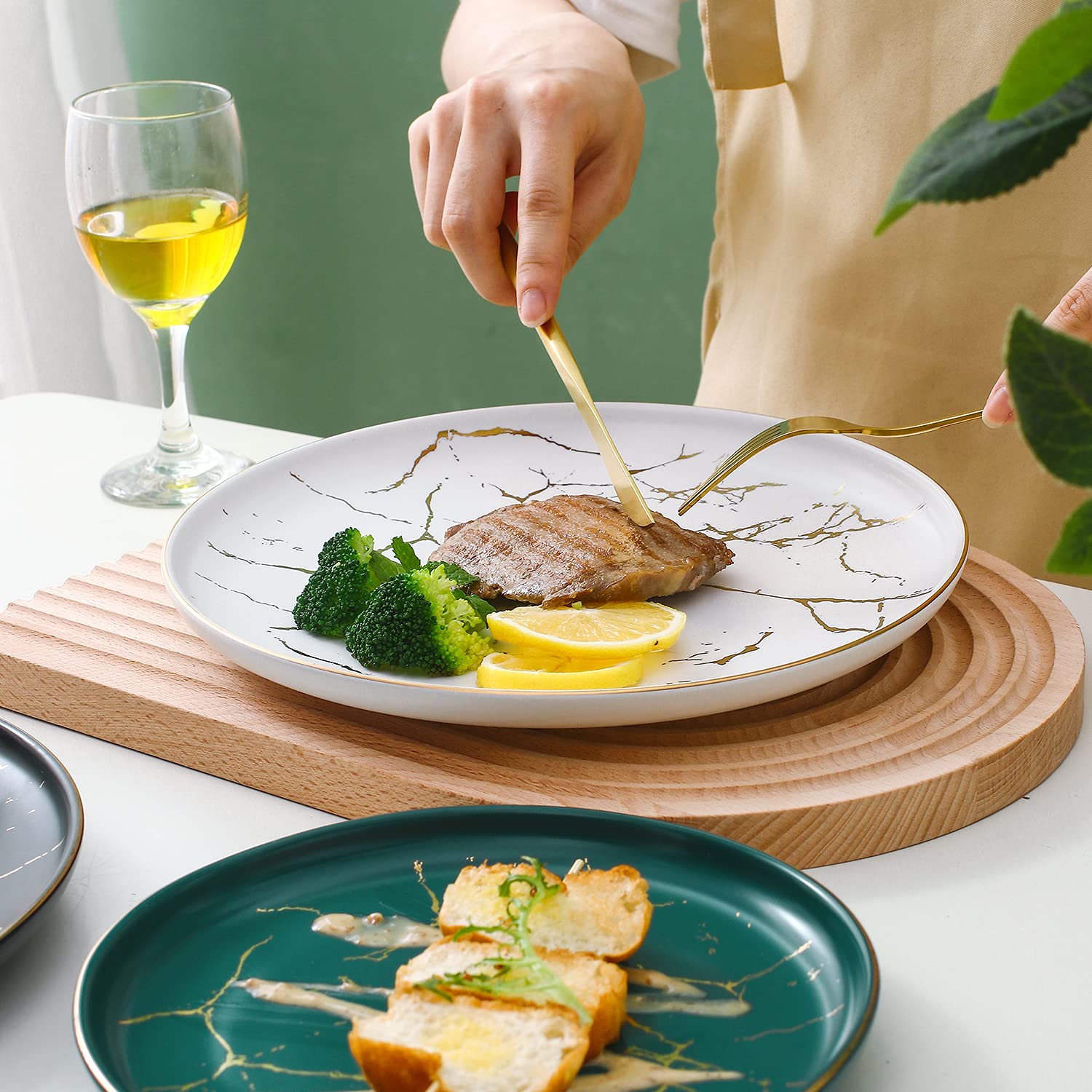 Nordic Style 8-Inch Ceramic Dinner Plates Set of 4 - Marble Gold Inlay, Microwave, Oven & Dishwasher Safe - Perfect for Family Dinners, Parties & Restaurant Use