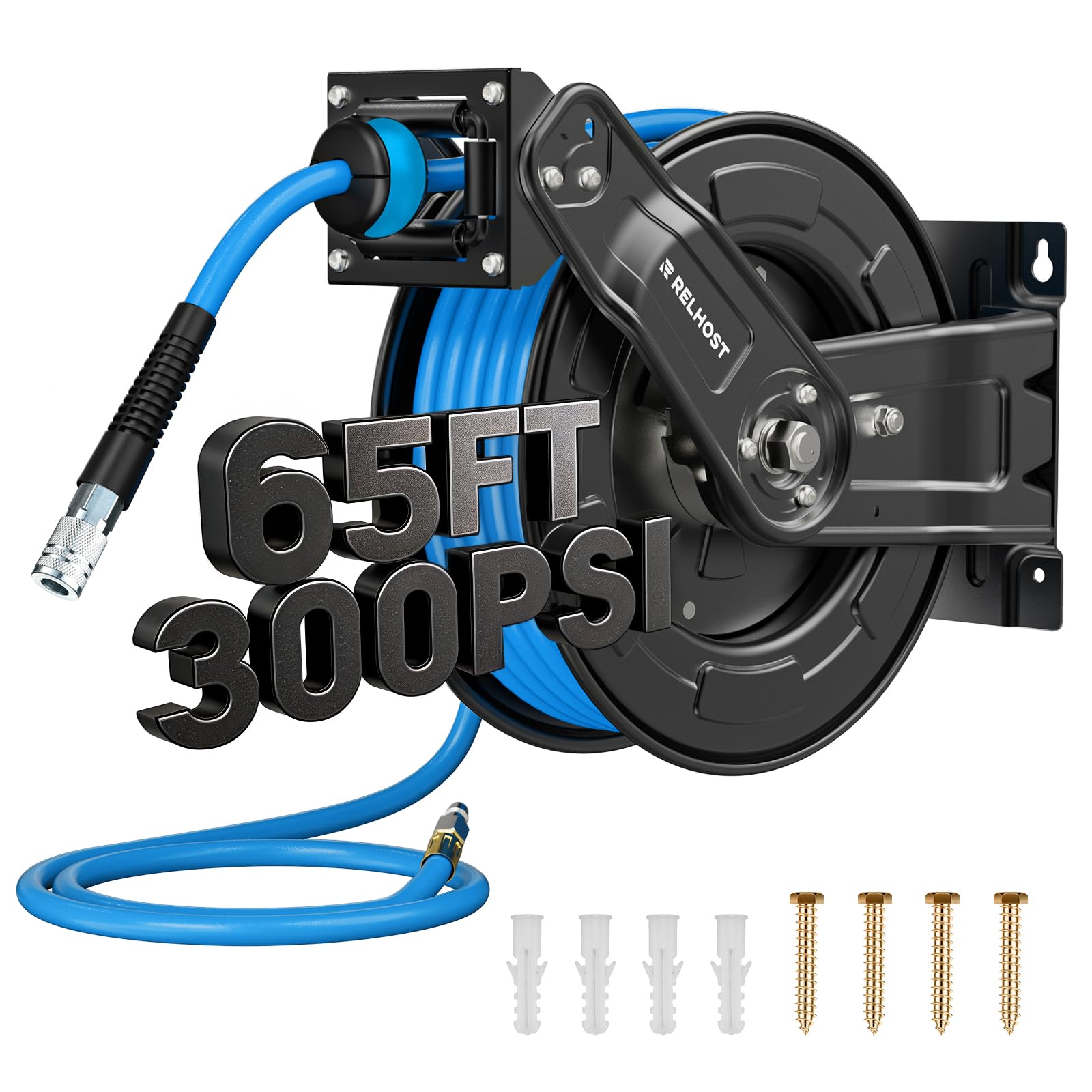 **65 ft x 3/8 in Retractable Air Hose Reel – Heavy Duty Hybrid Air Hose (300 PSI Max) with Auto Rewind & Dual Arms – Wall/Ceiling Mount for Garage, Workshop, Home Studio – Ideal for Air Compressors, Tire Inflation, and DIY Projects**