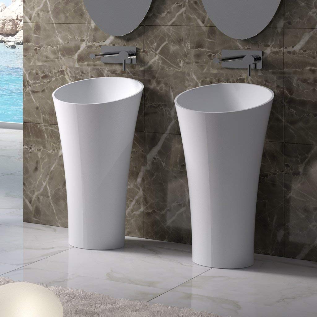 ADM Circular Freestanding Pedestal Stone Resin Bathroom Sink - Matte White, 21 Inch - Perfect for Modern Farmhouse, Vintage, or Contemporary Bathroom Decor