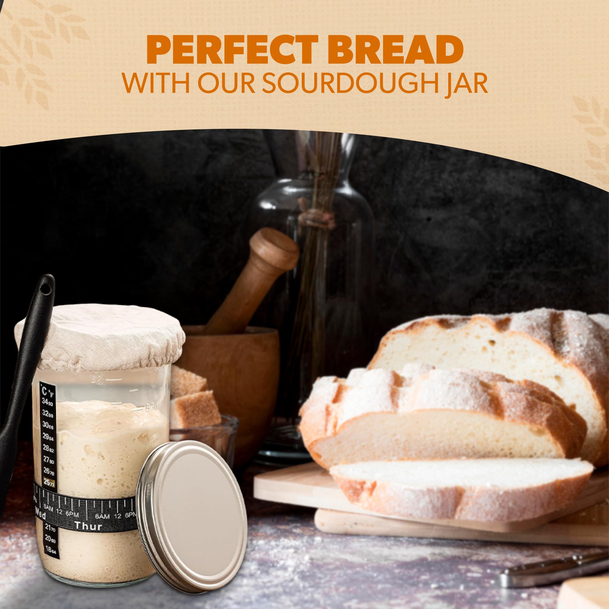 Organic Sourdough Starter Kit with 14oz Glass Jar - Complete Bread Baking Supplies Set with Airtight Lid, Dough Whisk & Silicone Spatula - Perfect for Homemade Artisan Bread, Pizza Dough & Pastries