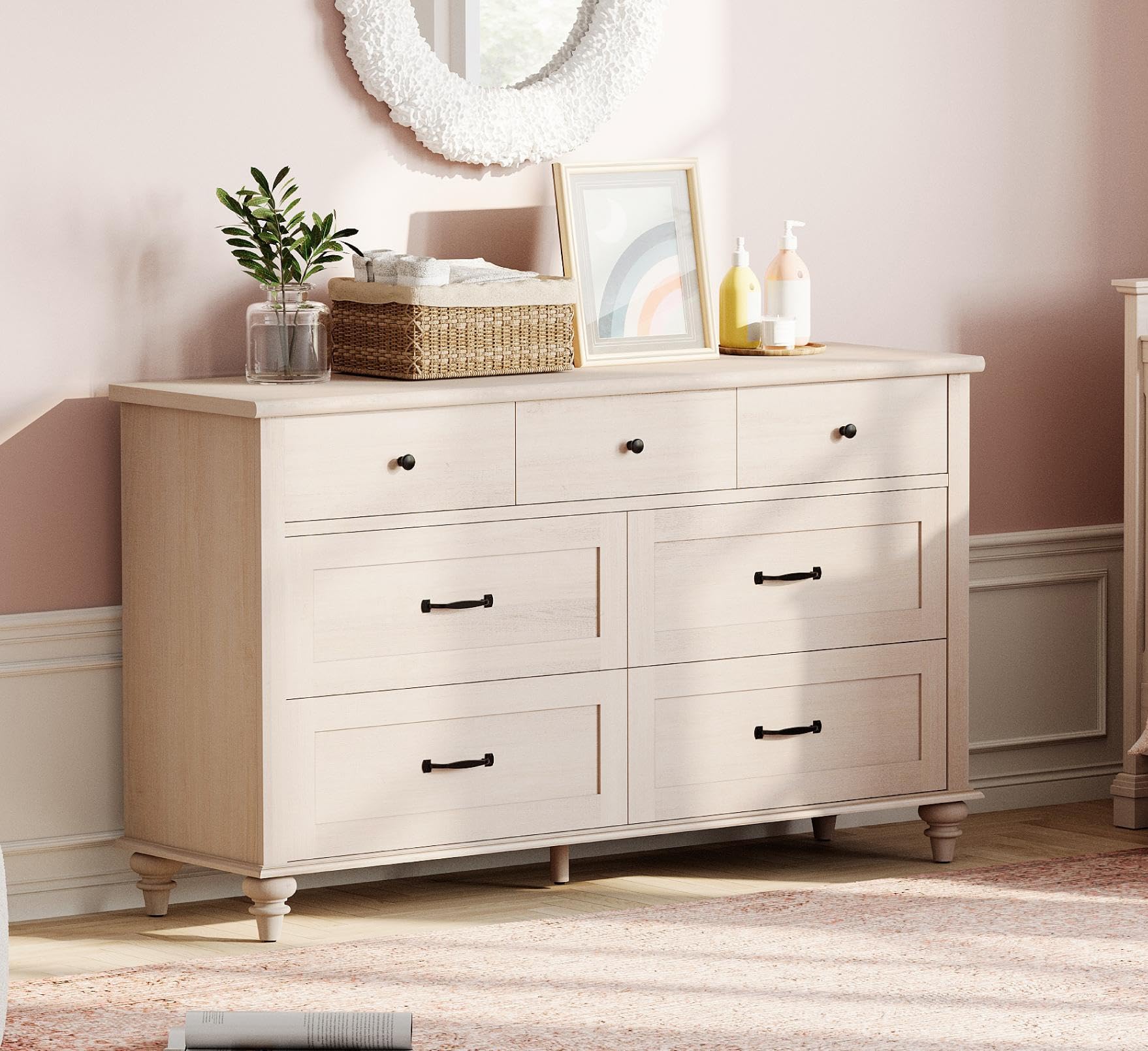 WAMPAT Beige 7-Drawer Baby Dresser - Solid Wood Kids Dresser for Nursery, Bedroom & Children's Room - Space-Saving Storage Organizer with Smooth Gliding Drawers - Perfect for Baby Clothes, Toys and Nursery Essentials Organization