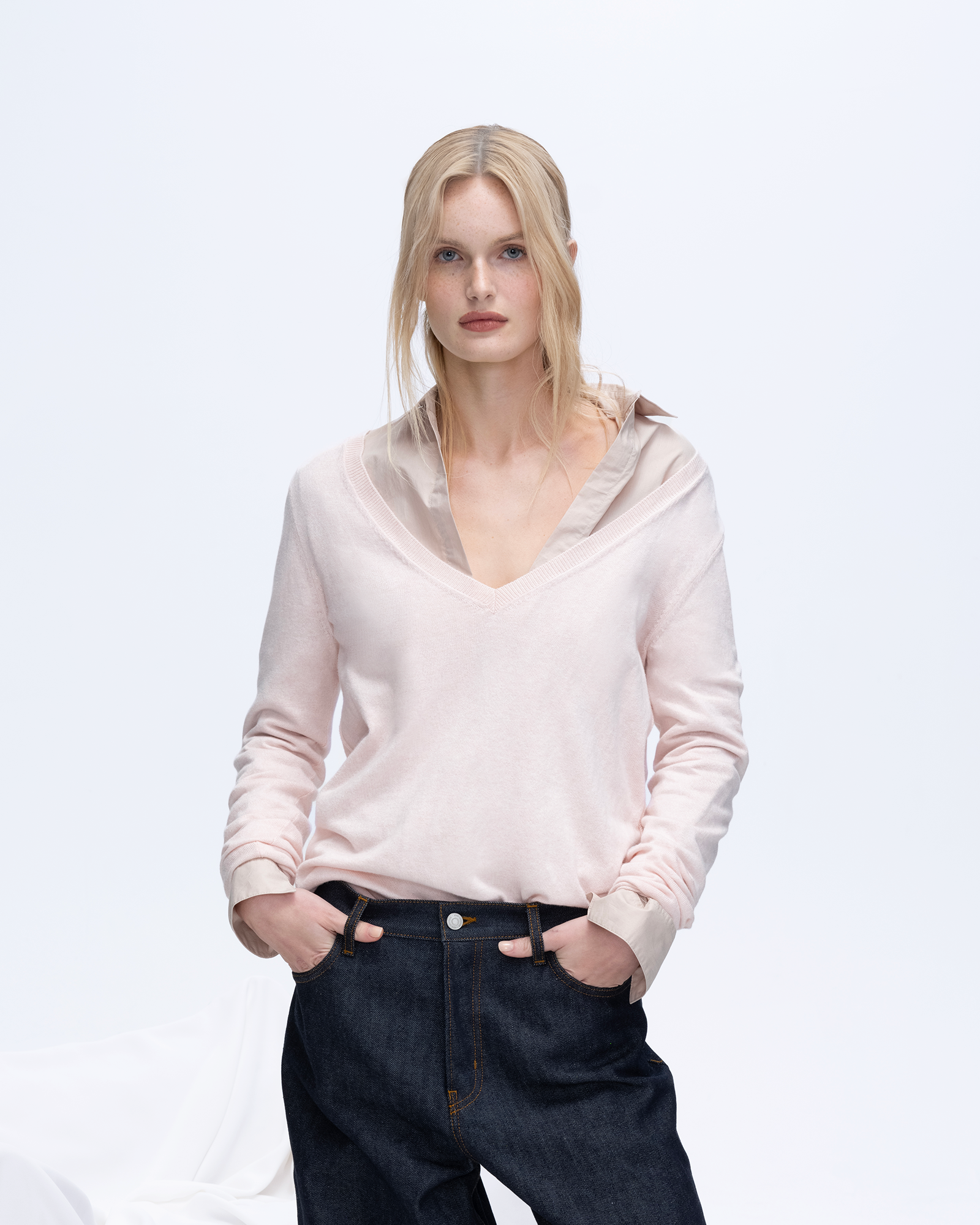 Soft Cotton Cashmere V-Neck Sweater for Women - Pink Camellia | Cozy Winter Pullover for Office & Casual Wear
