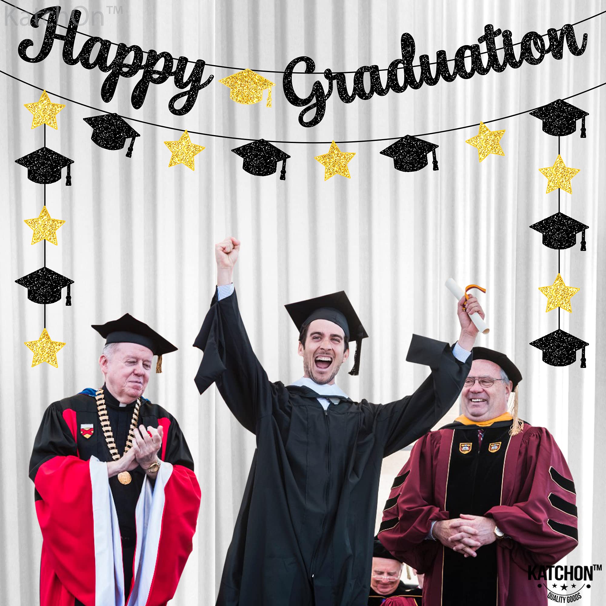 KatchOn Pre-Strung Glitter Graduation Banner - Black & Gold Class of 2025 Decor | No DIY Ready-to-Hang Sign for Graduation Parties, School Events & Home Decorations