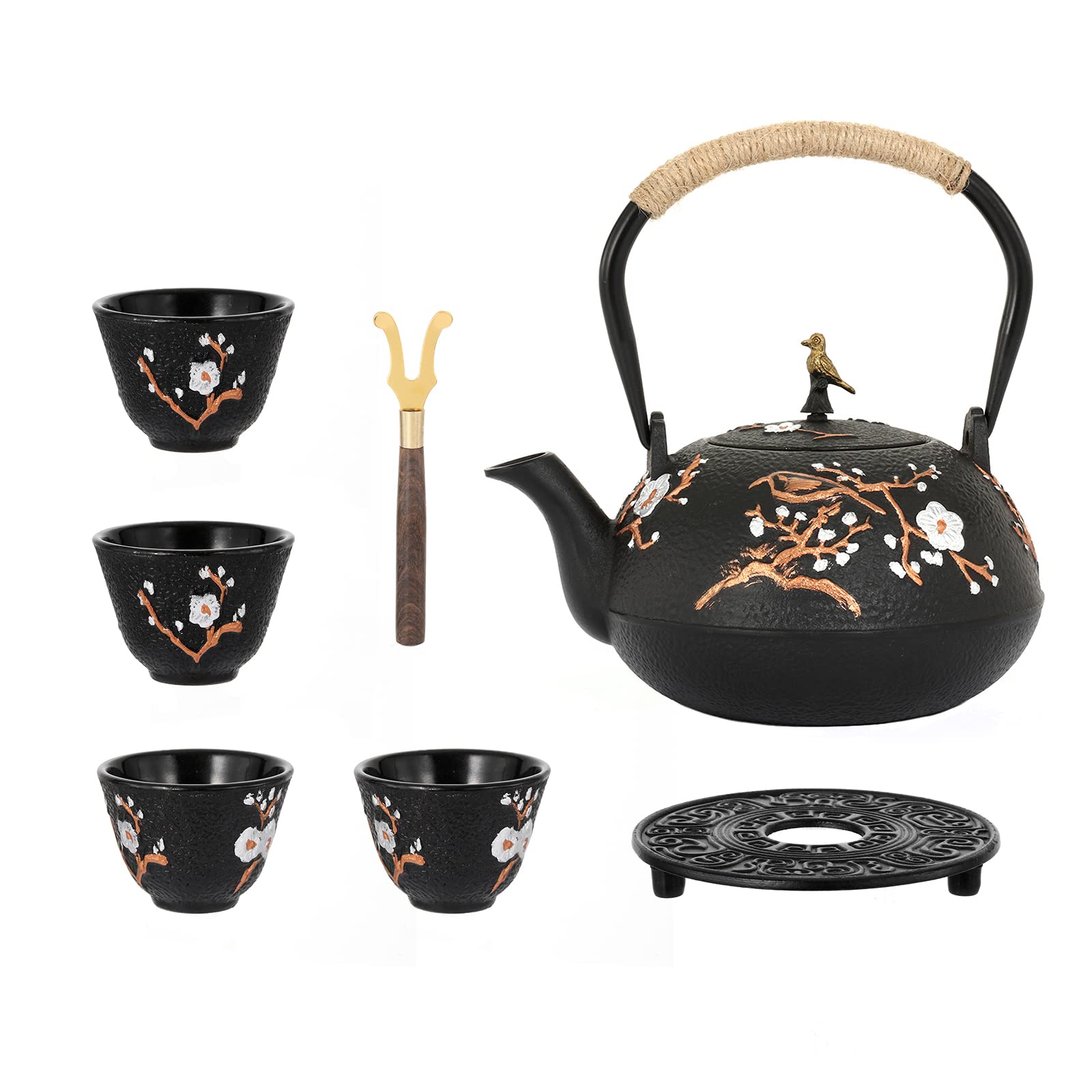 Premium Japanese Cast Iron Teapot Set with Infuser - 1200ml/40.6oz Traditional Tetsubin Tea Kettle & 4 Matching Cups - Authentic Japanese Style for Green Tea, Herbal Tea & Matcha - Perfect for Home, Office & Tea Ceremonies