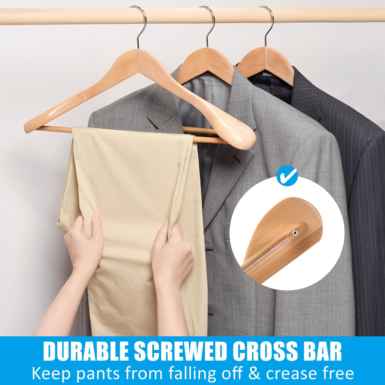 Premium 6-Pack Solid Wood Wide Shoulder Suit Hangers with Non-Slip Pants Bar - Natural Finish for Jackets, Sweaters & Heavy Clothes - Perfect for Closet Organization & Luxury Wardrobe Storage