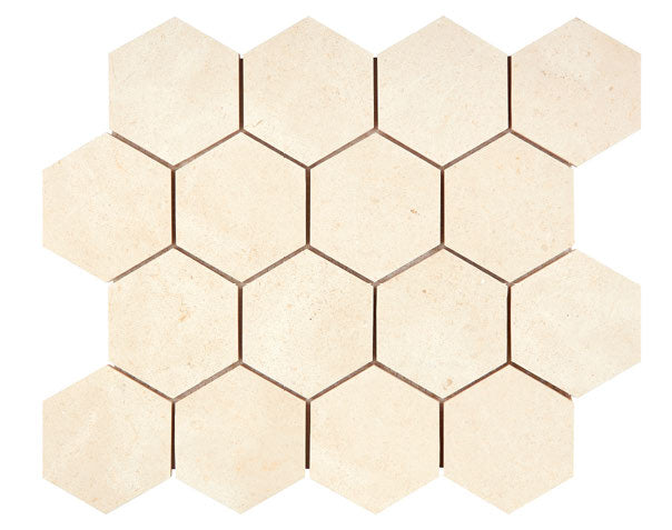 Premium Crema Marfil Marble 3-Inch Hexagon Mosaic Tile – Natural Stone Floor & Wall Tile for Bathroom, Kitchen Backsplash, and Shower Design