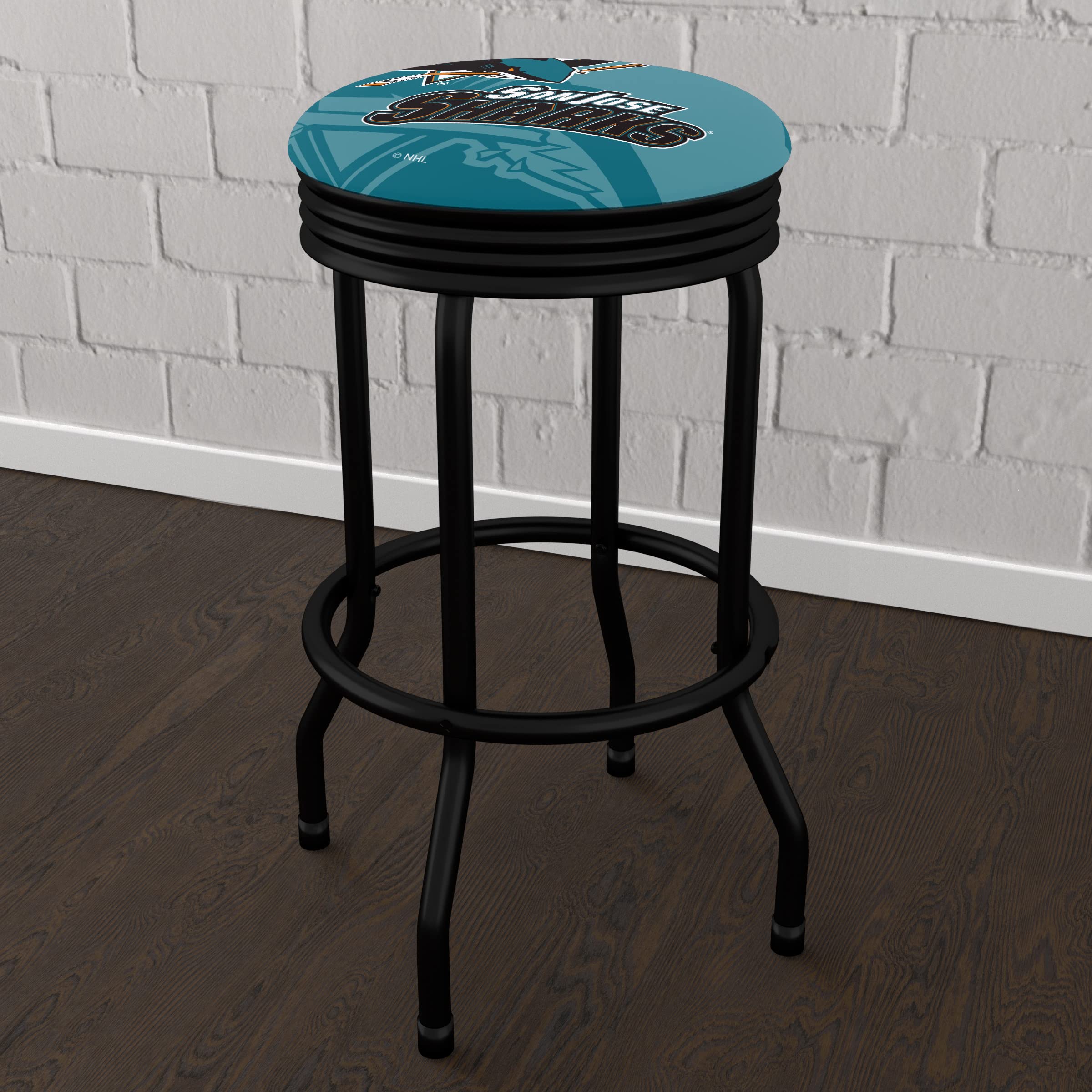 San Jose Sharks Logo Bar Stool - Retro Black Ribbed Swivel Stool for Game Room, Garage & Home Bar - NHL Themed Pub Chair for Sports Fans & Man Cave Decor