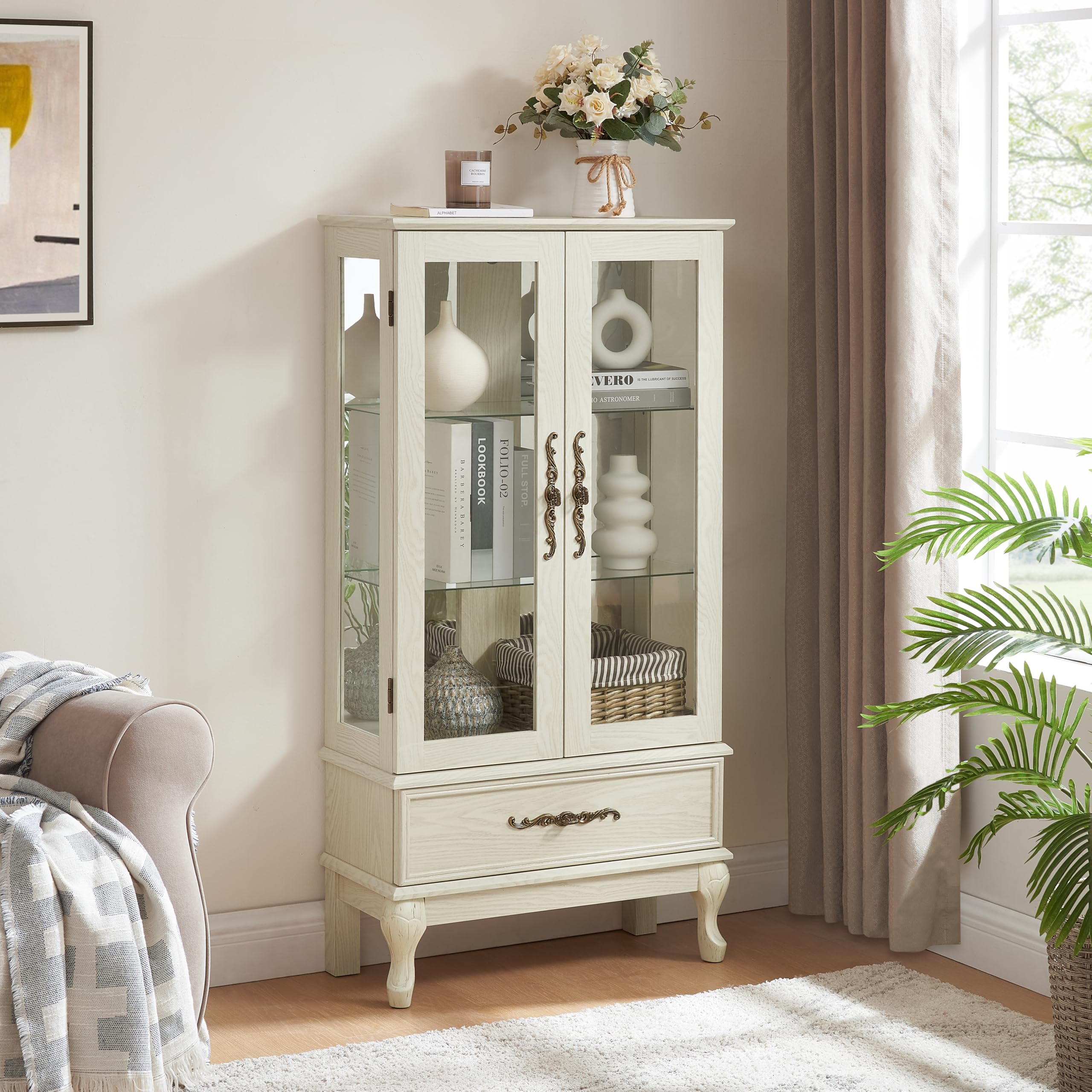Dolonm 3-Tier Glass Door Curio Cabinet with LED Lights & Drawer - Adjustable Shelf Display Cabinet for Living Room, Kitchen, Office - Perfect for Showcasing Collectibles, China, or Home Decor (White)