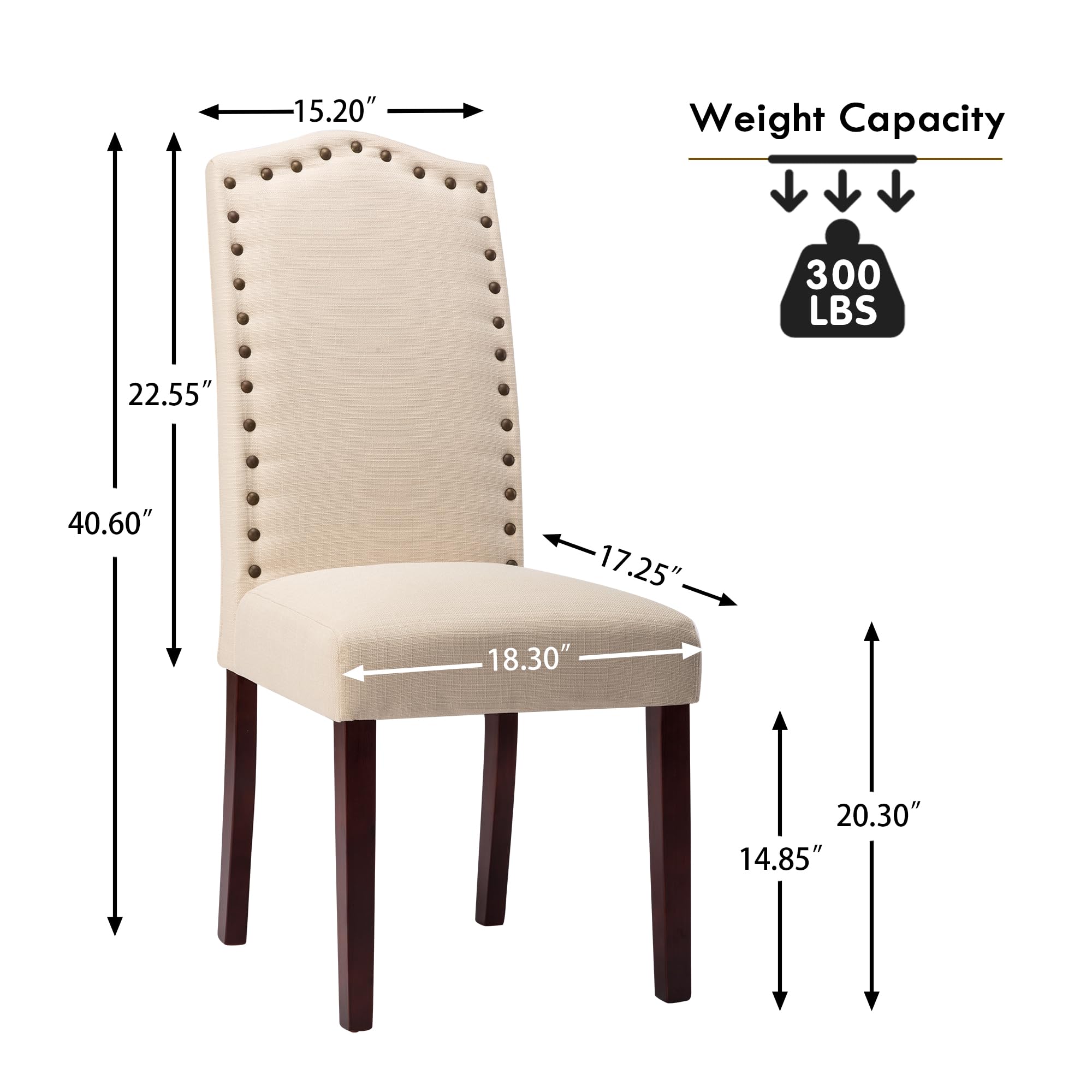 LSSBOUGHT Set of 2 Upholstered Parsons Dining Chairs - Beige Fabric Kitchen Chairs with Solid Wood Frame & Nailhead Trim - Perfect for Dining Room, Kitchen, and Breakfast Nook