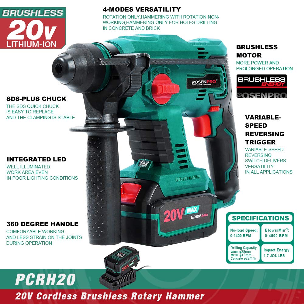 Posenpro 20V Brushless Cordless Rotary Hammer Drill with 4 Modes, Variable Speed & Adjustable Handle - Includes 4.0Ah Li-ion Battery & Fast Charger - Perfect for Concrete Drilling, Masonry Work & DIY Home Projects