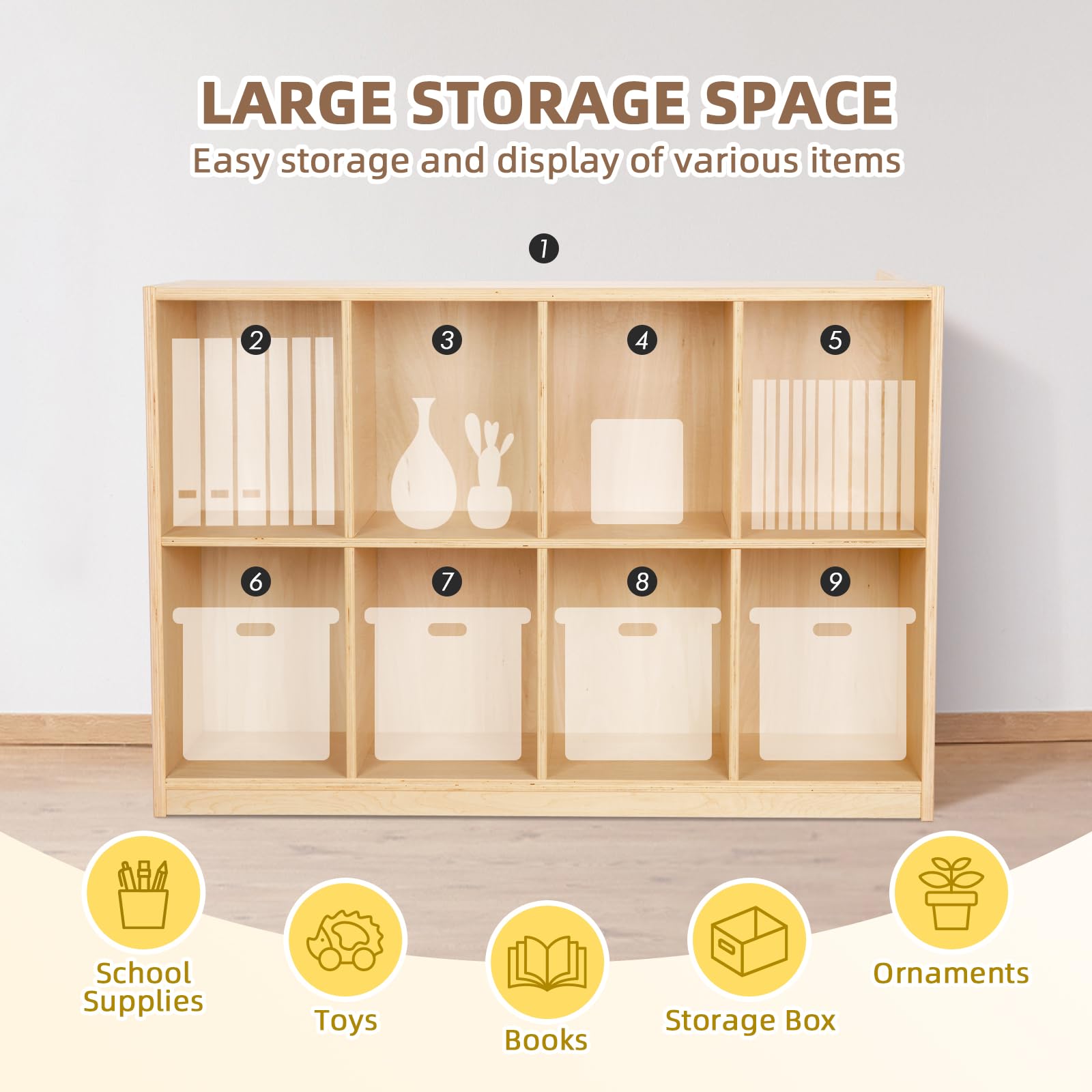 8-Compartment Wooden Storage Cabinet Backpack - Kids Toy Organizer & Bookshelf for Classroom, Playroom, Kindergarten, Living Room, Office - Perfect for Home Organization and Child-Friendly Storage Solutions