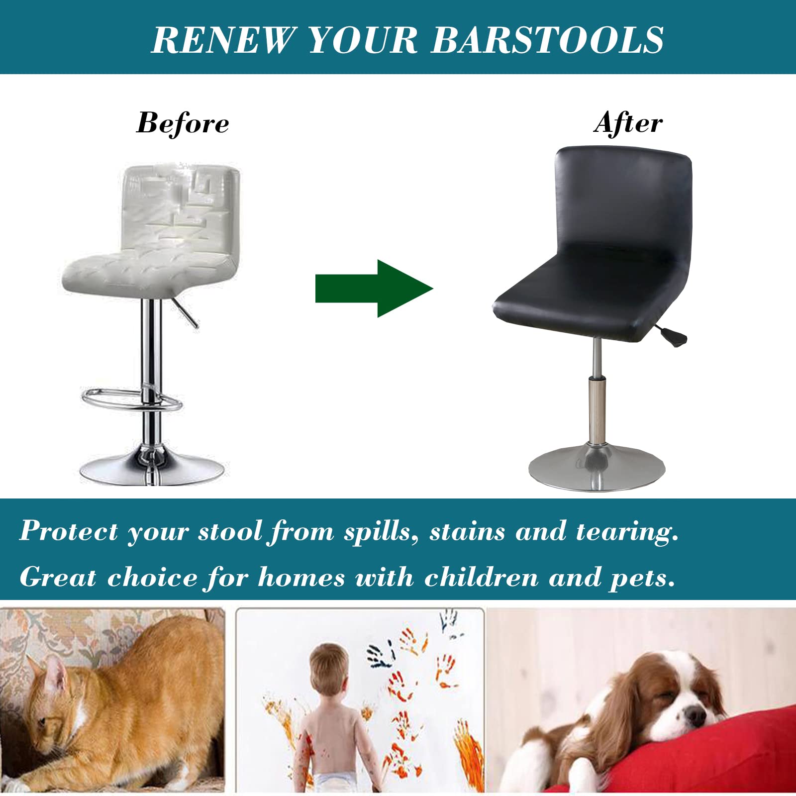Stretch Waterproof PU Bar Stool Covers 4-Pack - Washable & Durable for Kitchen, Bar, Dining