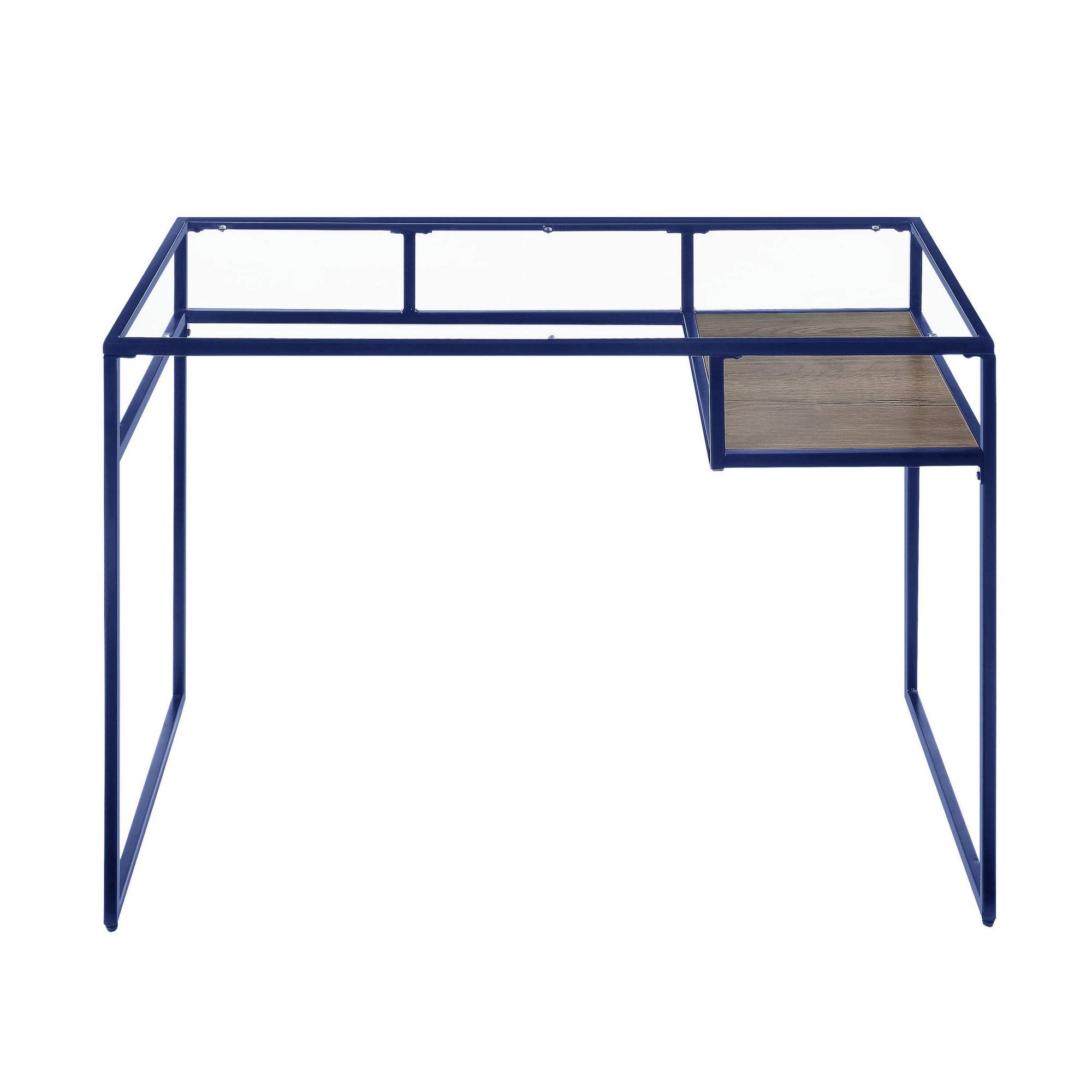 Benjara Modern Rectangular Glass Top Desk with Open Storage Compartment & Sturdy Sled Base - Blue Home Office Desk for Small Spaces & Contemporary Workspaces