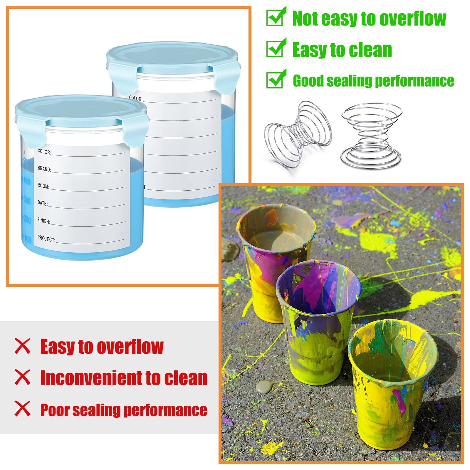 Skylety 8-Piece Airtight Plastic Paint Storage Containers with Lids & Stainless Steel Mixing Balls - 800ml Touch Up Paint Cups (Blue) - Perfect for Artists, DIY Projects & Home Renovations