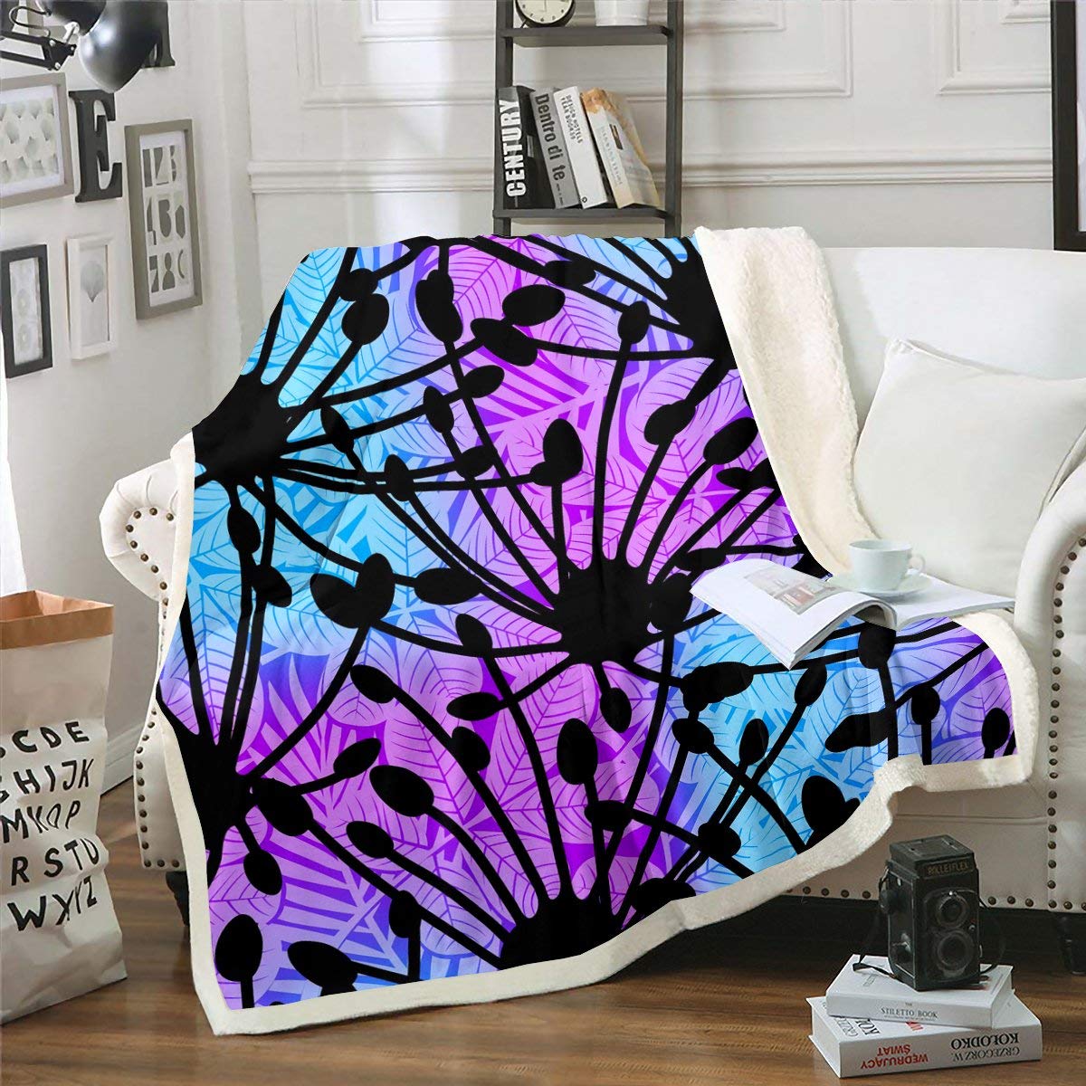 Boho Hippie Throw Blanket - Tropical Floral Sherpa Fleece Blanket for Kids & Boys | Psychedelic Leaf Branch Design in Purple & Blue | Cozy Twin Size Bed Blanket for Nursery, Dorm Room or Living Room Decor