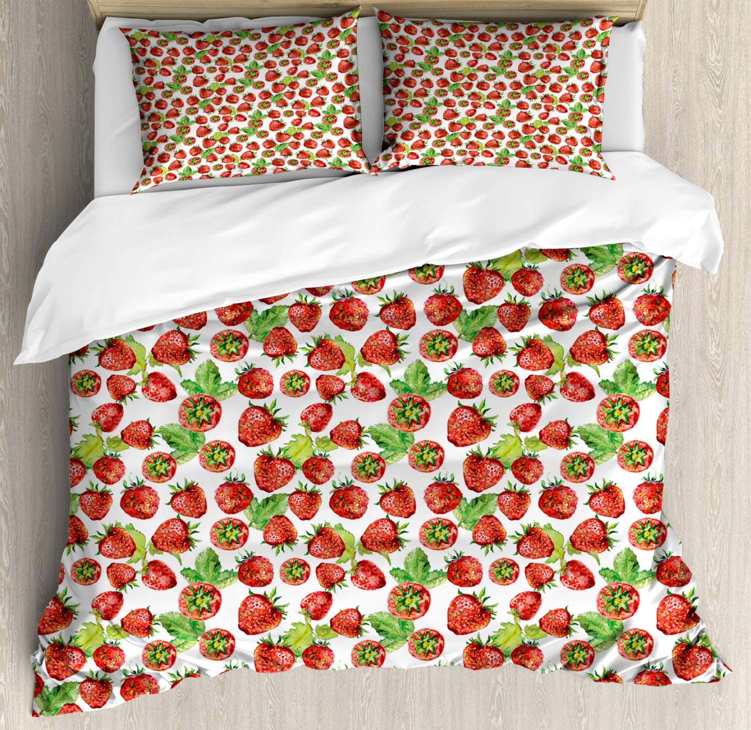 Ambesonne Fruit Duvet Cover Set - Vibrant Strawberry Watercolor Art, 3-Piece Queen Size Bedding with 2 Pillow Shams in Lime Green & Red | Perfect for Bedroom Decor, Guest Rooms & Cozy Farmhouse Style