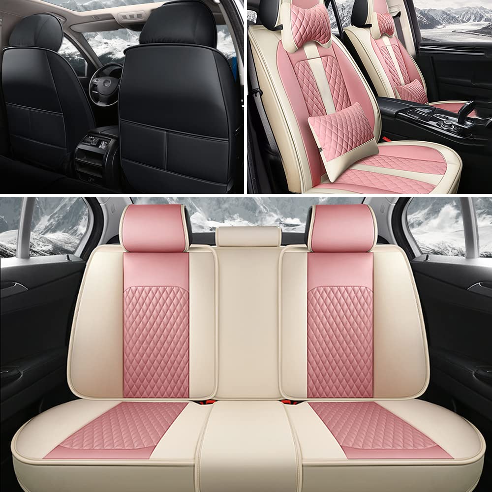 Premium Genuine Leather Car Seat Covers for Volvo S60 - Waterproof, Scratch-Resistant, Non-Slip Design with Airbag Compatibility (Full Set, Beige/Pink) | Perfect for Luxury Car Protection & Comfort During Daily Commutes, Road Trips, and Family Travel