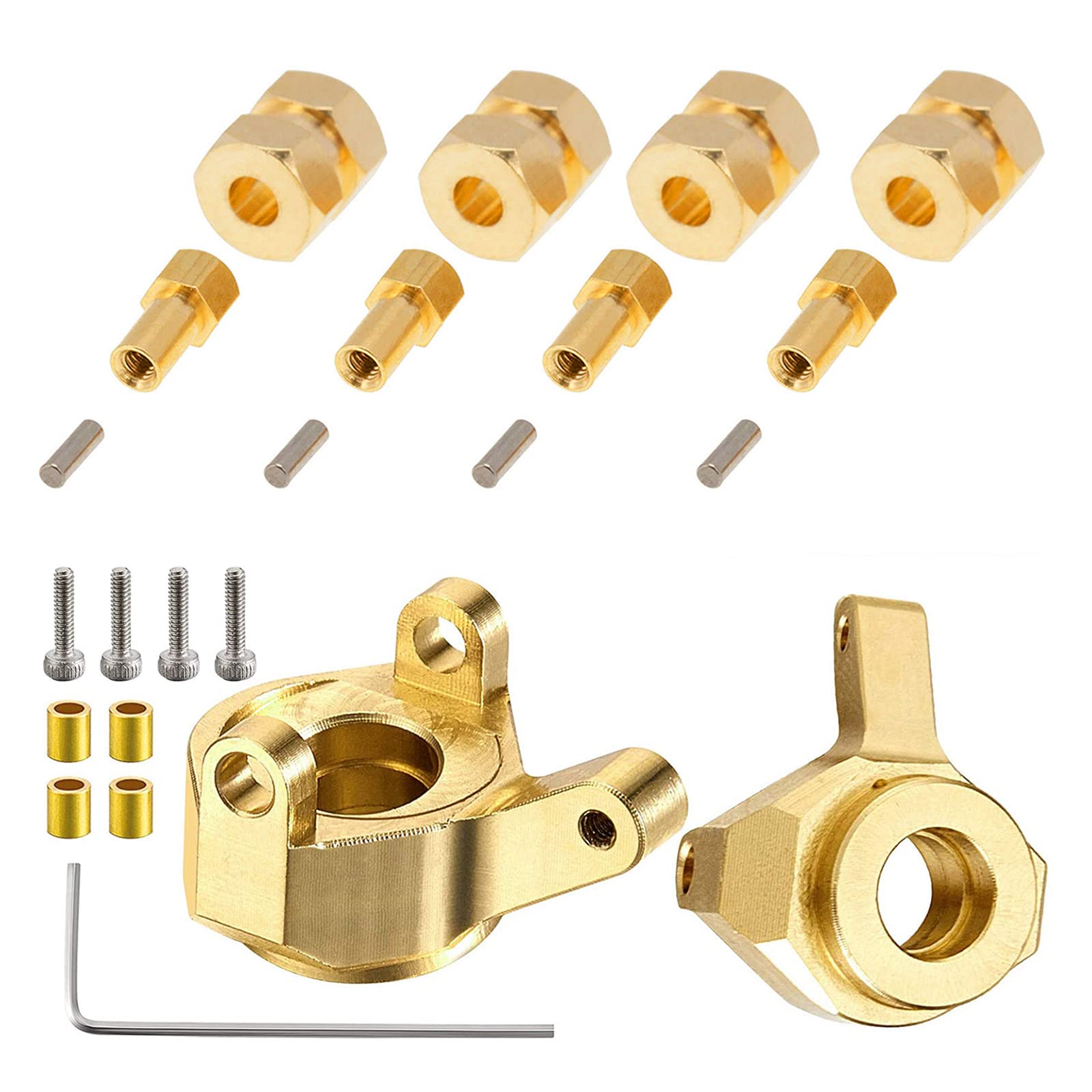 4PCS 7mm Brass Wheel Hex Hub Extensions & 2PCS Brass Steering Knuckles for AXIAL SCX24 AXI90081 1/24 RC Crawler Car Upgrades - Heavy Duty Off-Road Accessories for Enhanced Performance on Rocky Trails & Crawling Courses