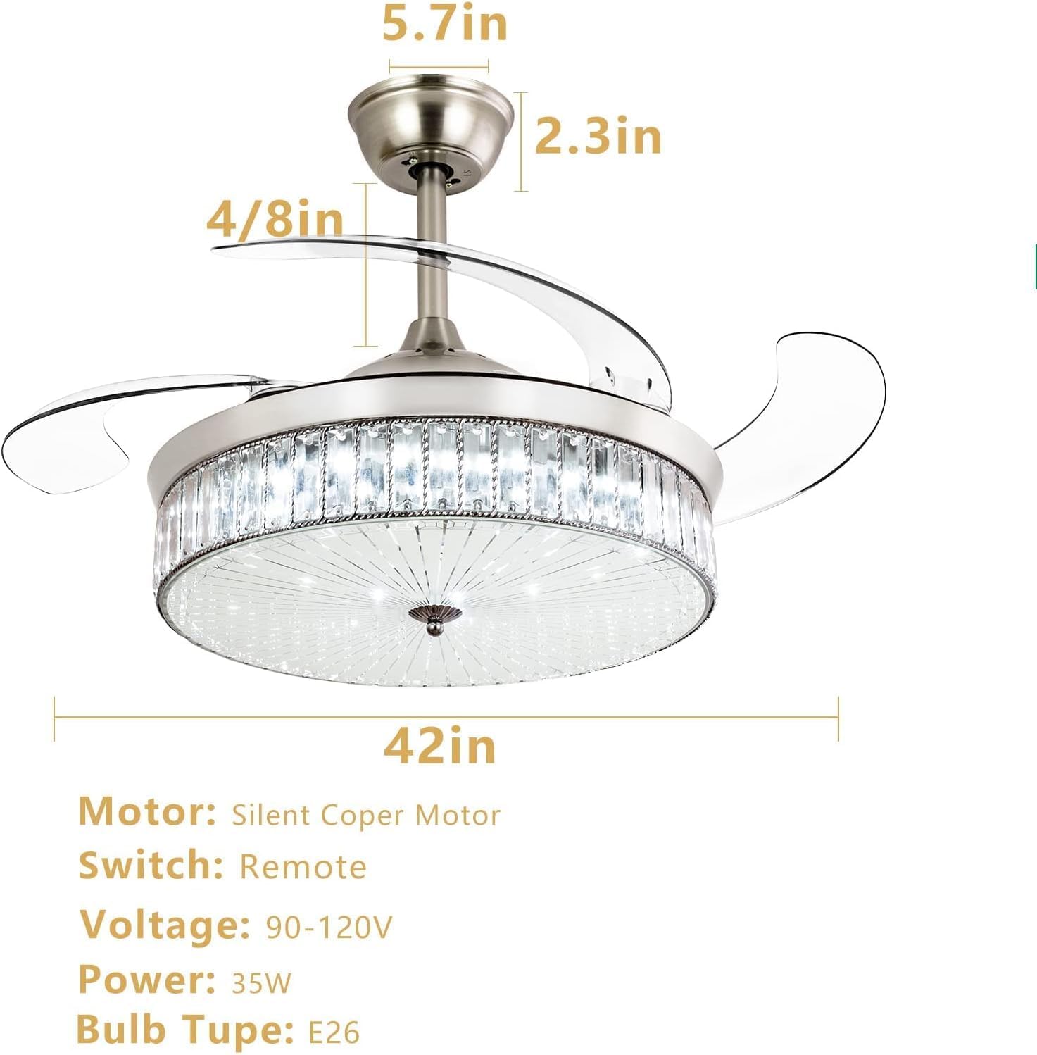 Ohniyou 42 Inch Retractable Ceiling Fan with Lights and Remote Control - Crystal Chandelier Ceiling Fan Indoor, Chrome Silver Finish - Perfect for Bedroom, Living Room, Dining Room and Home Office
