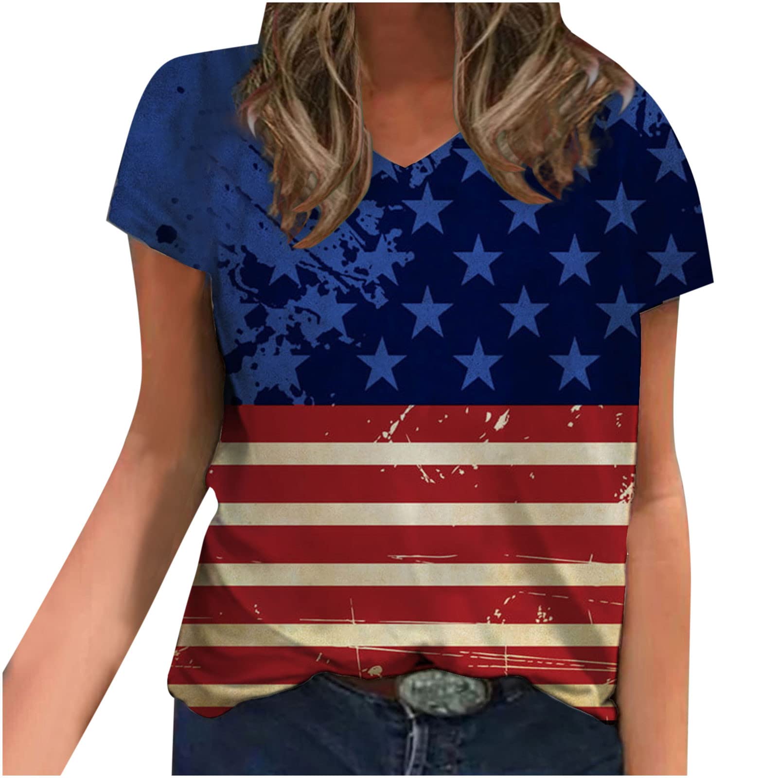 Women's 4th of July American Flag Print V-Neck T-Shirt - Short Sleeve Summer Top for Casual Wear, Patriotic Holiday Outfits & Comfortable Going Out Blouses