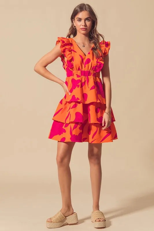 Stylish Orange Layered Resort Dress with Elastic Waist - Perfect for Beach Vacations, Summer Parties & Tropical Getaways