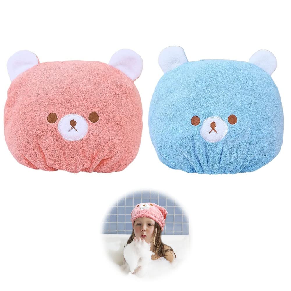 2PCS Soft & Absorbent Bear Hair Towel Wrap - Quick Dry Bath Turban Cap for Women, Girls & Kids - Perfect for Post-Shower, Spa & Home Hair Care
