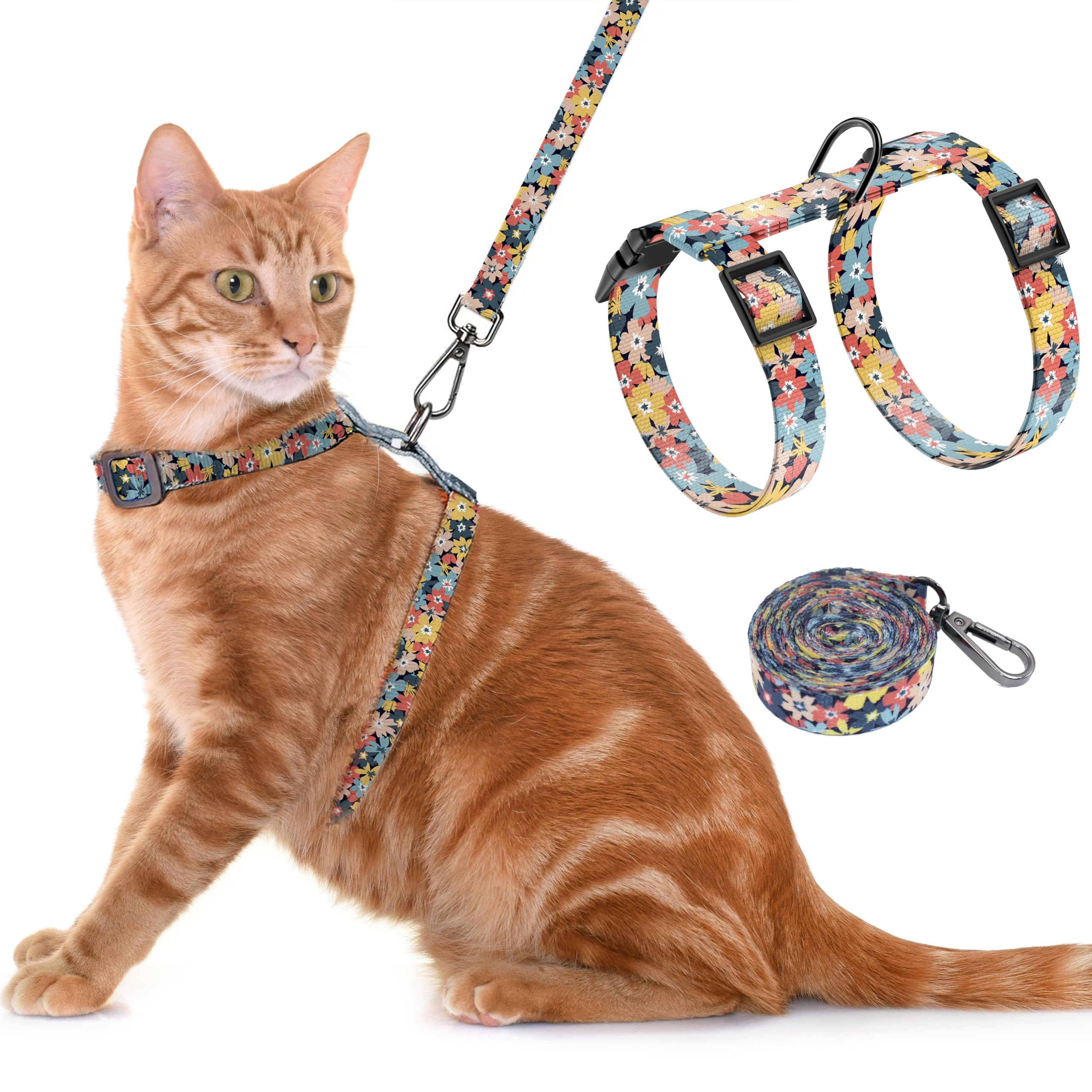 Adjustable Escape-Proof Cat Harness & Leash Set - Soft Lightweight Pet Walking Vest for Small to Medium Cats - Multi-Floral Design - Perfect for Outdoor Adventures, Travel & Daily Walks