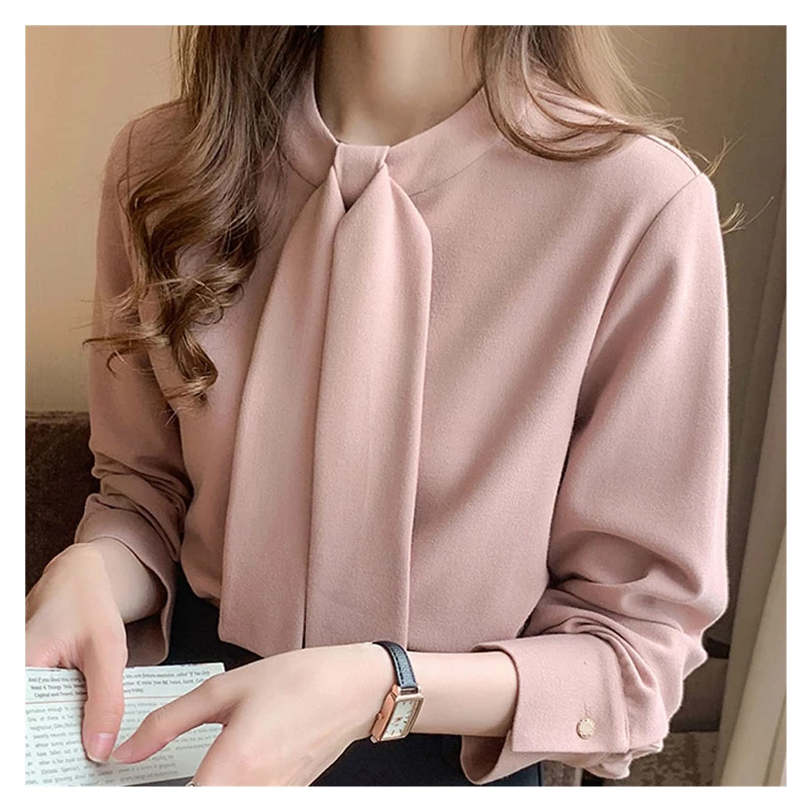 UXZDX Women's Autumn Long Sleeve Chiffon Blouse - Stand Collar Elegant Tops (Red, Size M) | Office Wear, Party Outfit & Casual Fall Fashion