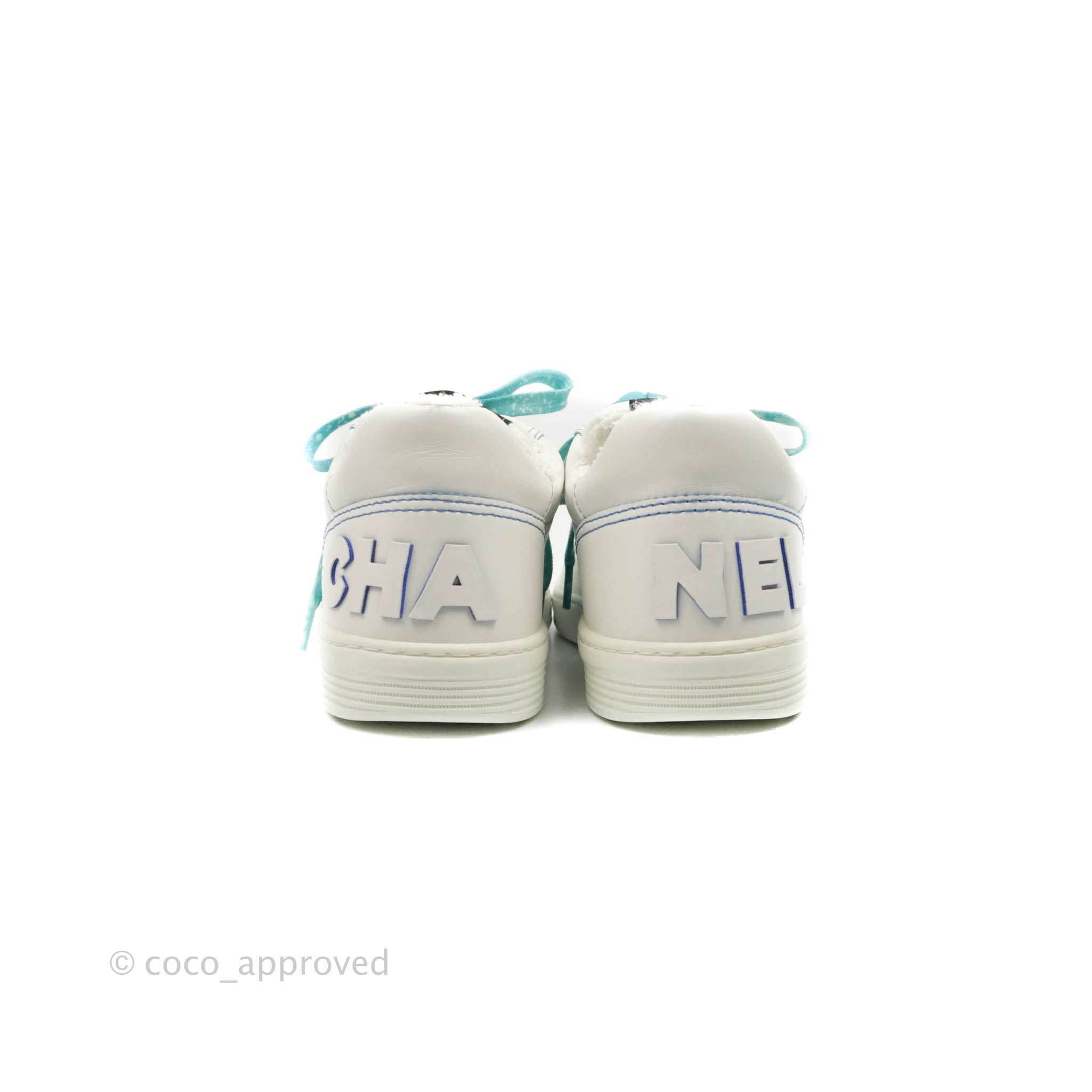 Chanel White and Blue Calfskin Logo Sneakers for Women - Size 39 | Luxury Fashion Shoes for Casual Wear, Street Style & Everyday Comfort