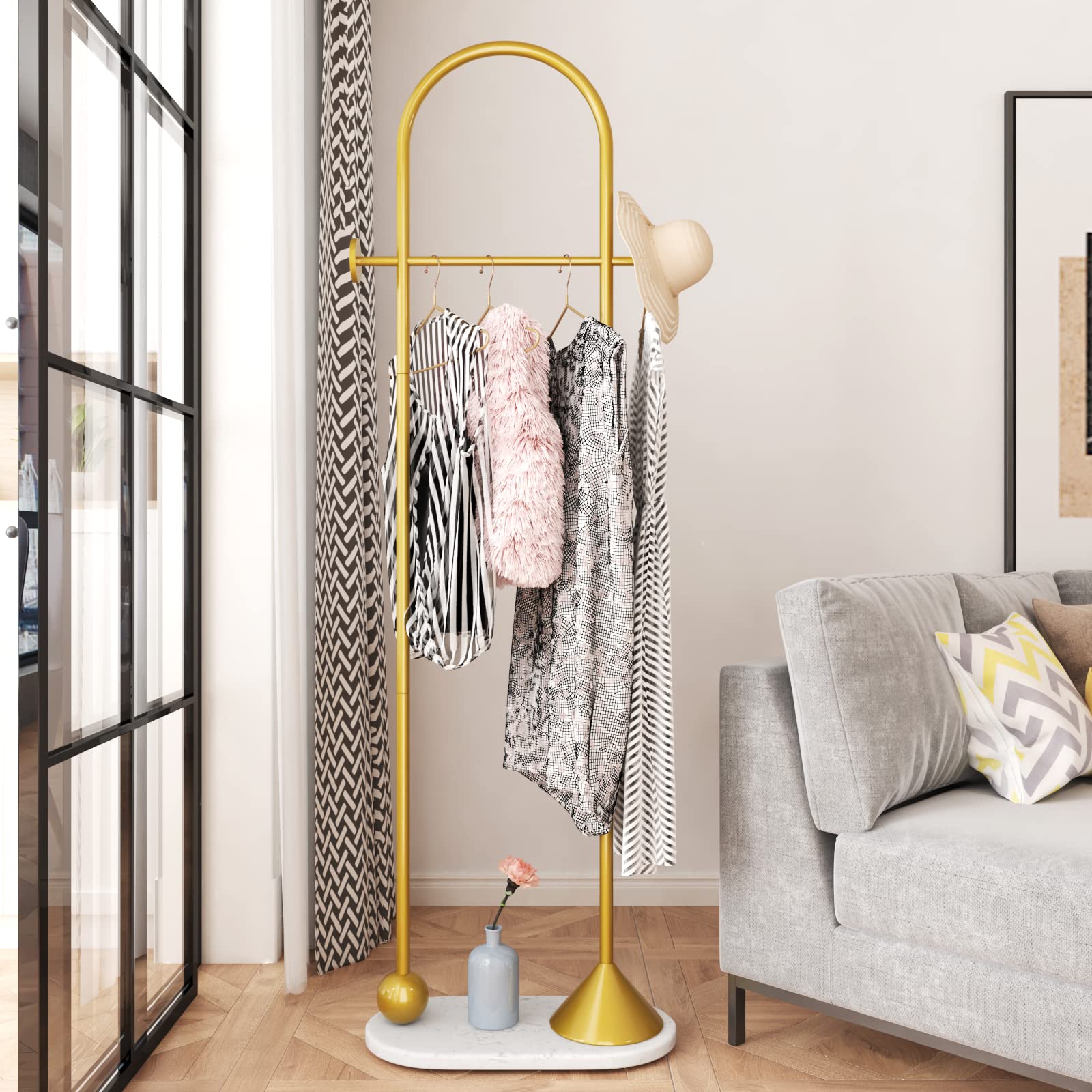 TIEOU Freestanding Metal Gold Coat Rack - Modern Entryway Stand for Hats, Jackets & Clothing | Perfect for Small Spaces, Apartments & Home Organization