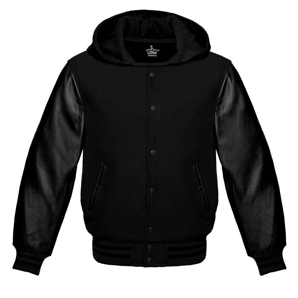 Varsity Hoodie Jacket - Baseball Letterman Bomber with Black Wool Body & Genuine Leather Sleeves | School Spirit, Casual Wear & Sports Events