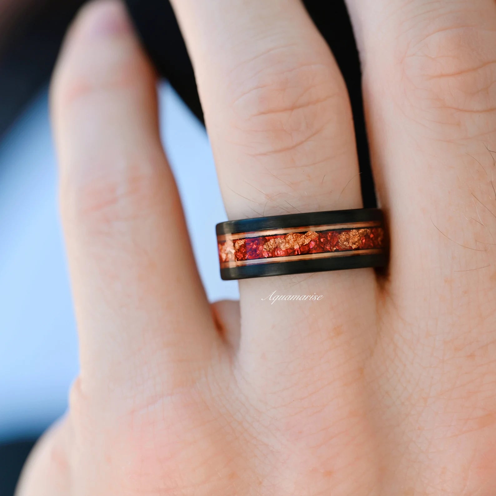 Skye Kite™ Ruby & Rose Gold Leaf Couple Rings for Women & Men - Romantic Matching Wedding Bands, Anniversary Gift for Her & Him - Perfect for Valentine's Day, Engagement & Special Occasions