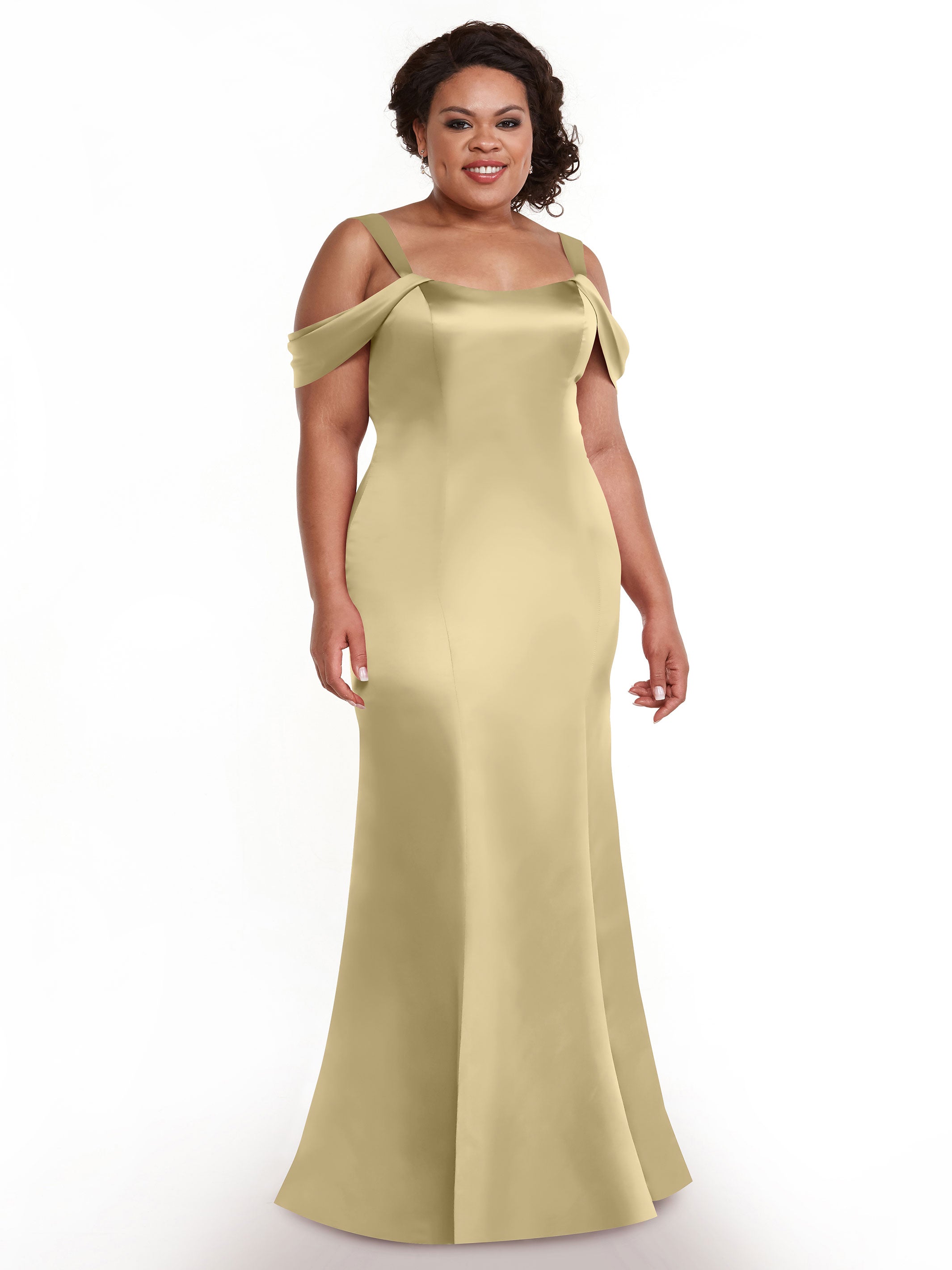 Elegant 80151 Fitted Satin Bridesmaid Dress with Off-The-Shoulder Sleeves - Perfect for Weddings, Formal Events & Special Occasions