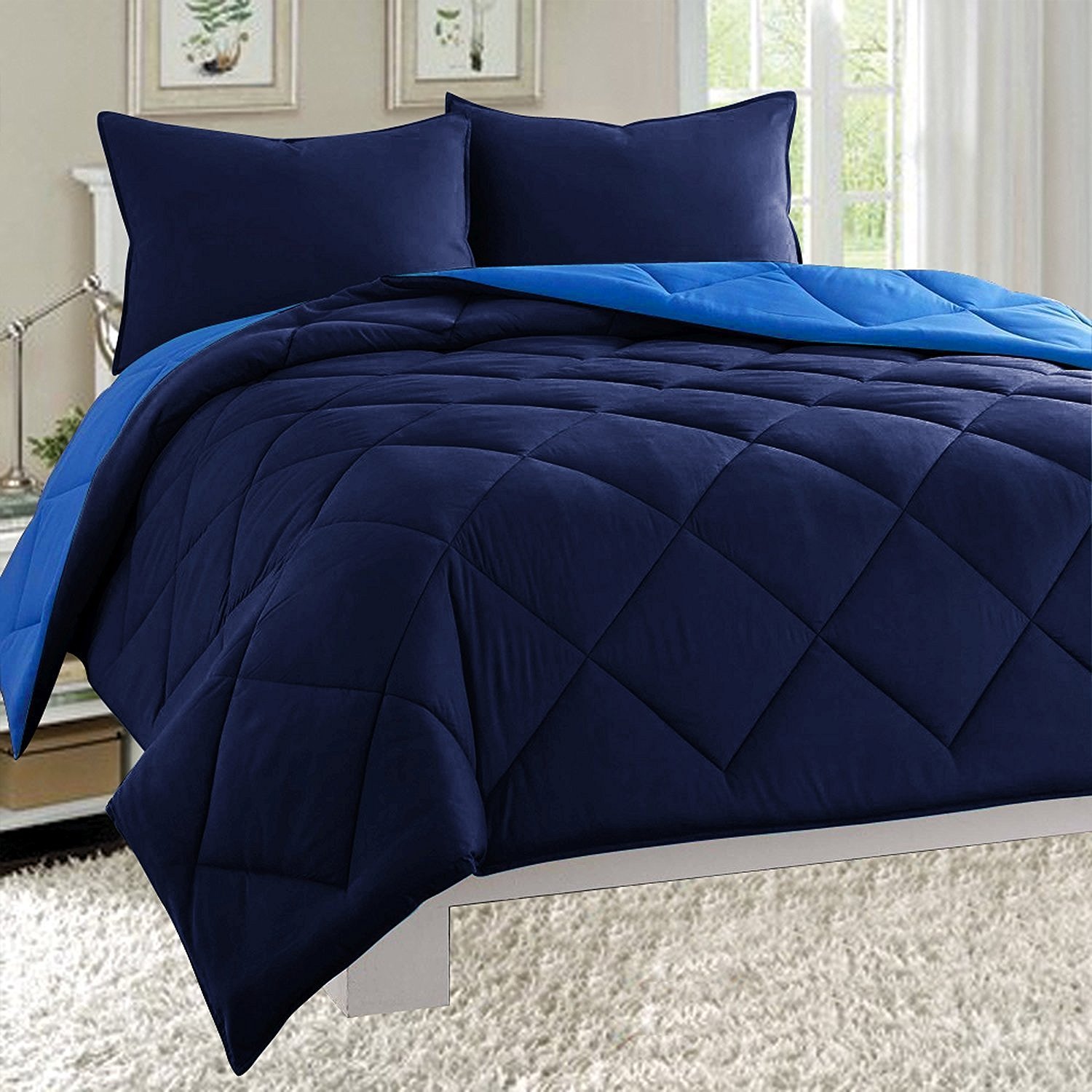 MattRest All Season Lightweight Down Alternative Reversible 3-Piece Comforter Set - Wrinkle & Fade Resistant - King/California King, Navy/Aqua - Perfect for Bedroom, Guest Room & Dorm Comfort