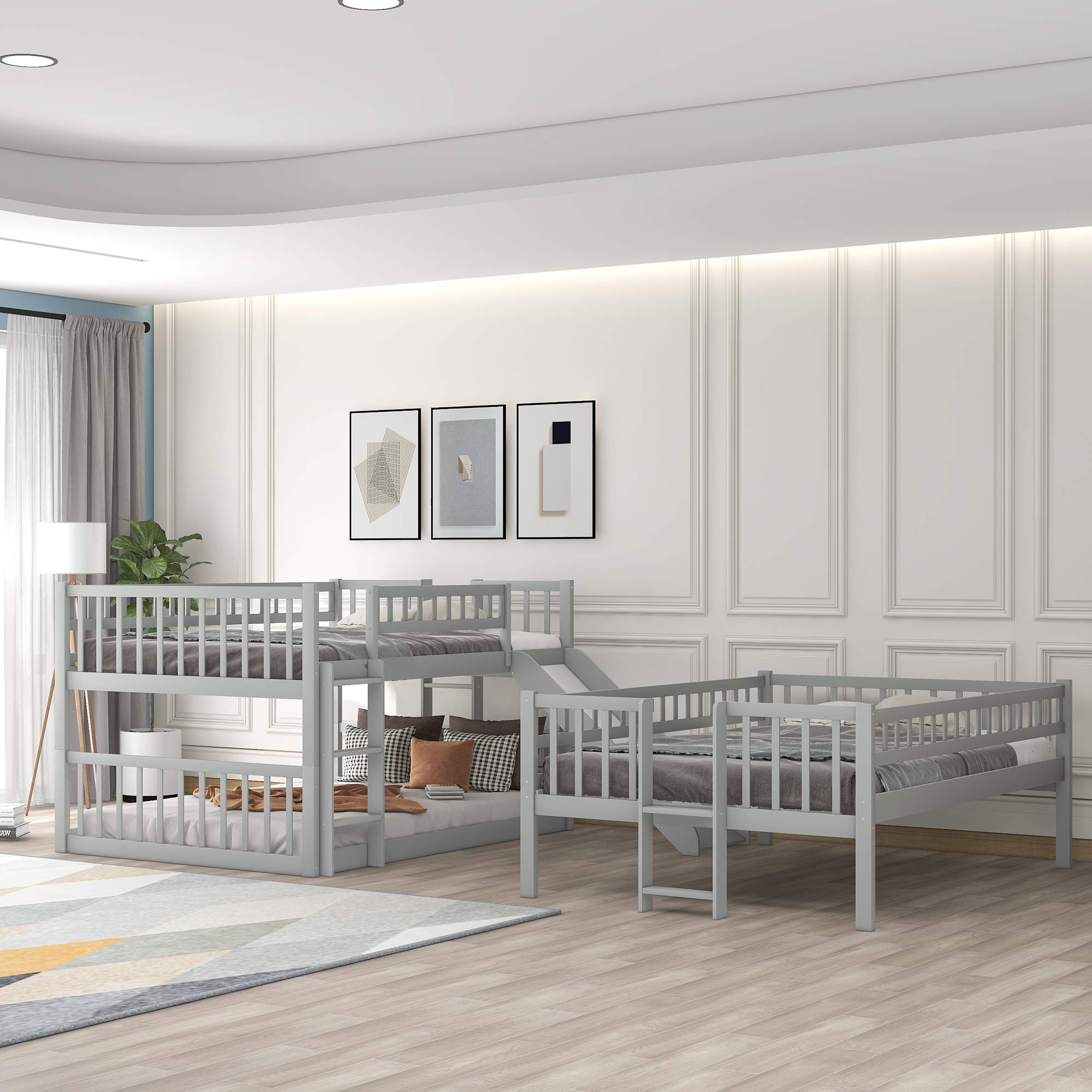 Full Over Full Over Full Triple Bunk Bed with Slide - Wooden Full Size Bunk Bed Frame with Safety Guard Rail & Ladder - Space-Saving Gray Bunk Bed for Kids, Teens & Guest Rooms