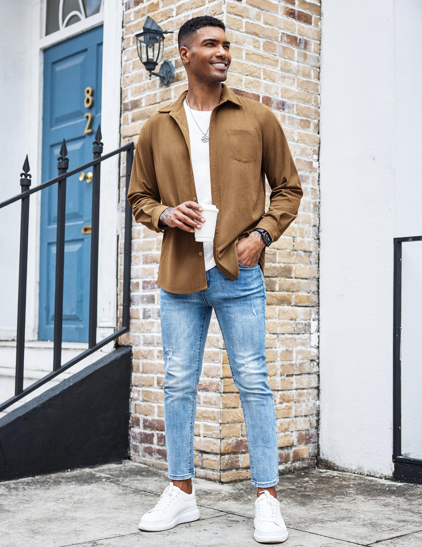 COOFANDY Men's Casual Waffle Knit Button Down Shirt Jacket - Long Sleeve Shacket with Chest Pockets for Fall Winter Layering | Office, Date Night & Outdoor Wear