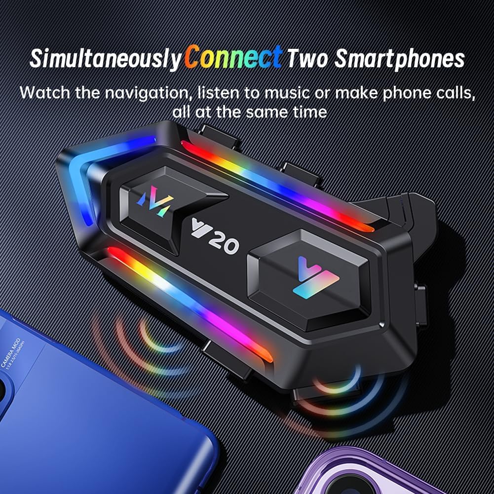 Motorcycle Helmet Bluetooth Headset with RGB Lights - Dual Noise Cancelling Intercom System, IPX6 Waterproof & Powerful Bass for Dirt Bike Riders | Perfect for Group Riding, Adventure Tours & Urban Commuting