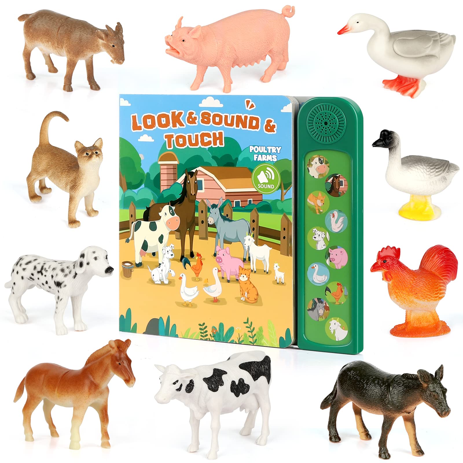 Realistic Farm Animal Figurines Set with 10 Plastic Animals & Sound Book - Educational Learning Toys for Toddlers Ages 3+ | Perfect for Preschool Playtime, Birthday Gifts & Early Childhood Development