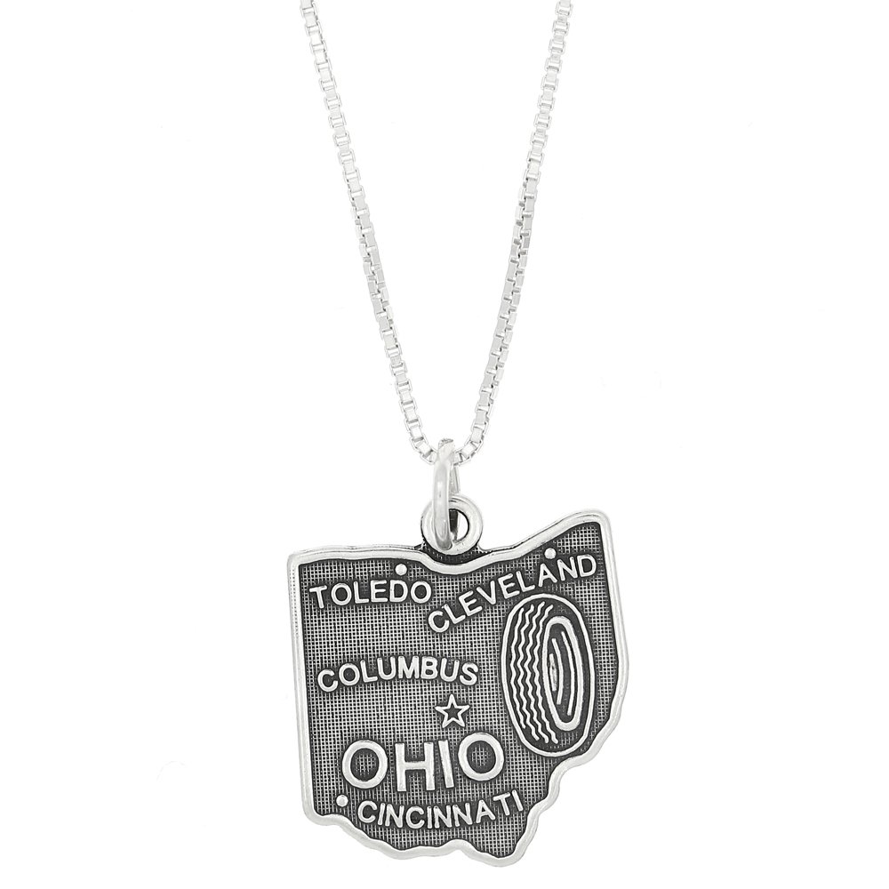 LGU Sterling Silver Oxidized Ohio State Map Charm Necklace - Handmade Jewelry for Women - Perfect Gift for Graduation, Birthday & Travel Souvenir