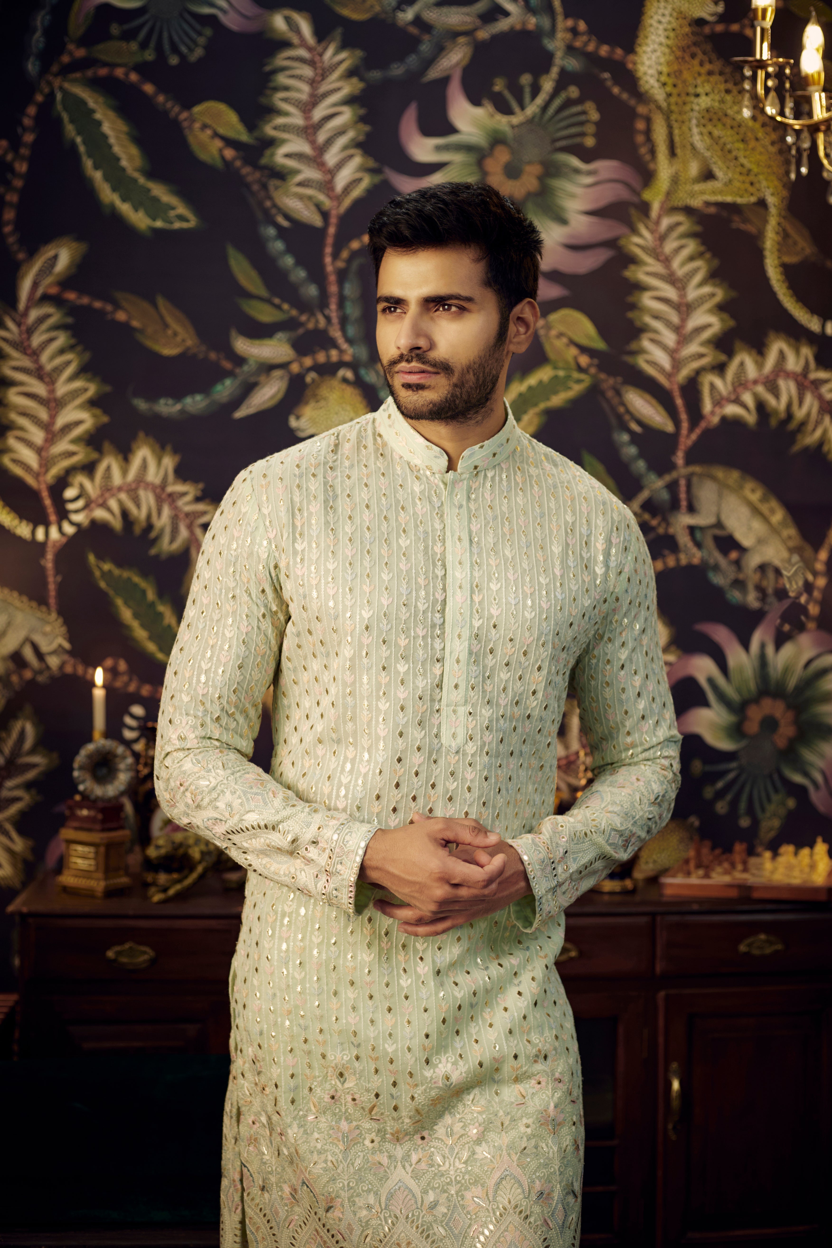 Elegant Ice Blue Chikankari Kurta with Intricate Multi-Thread Embroidery & Detailed Ghera - Perfect for Festivals, Weddings & Ethnic Occasions